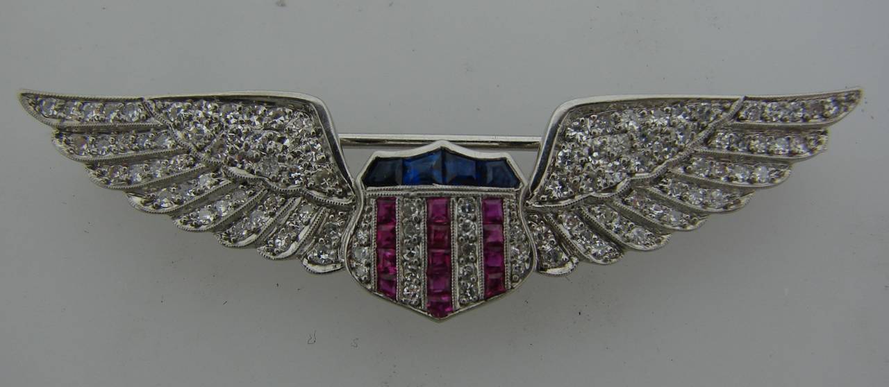 Art Deco Cartier Patriotic Ruby Sapphire Diamond Aviator Wings Badge Pin Brooch