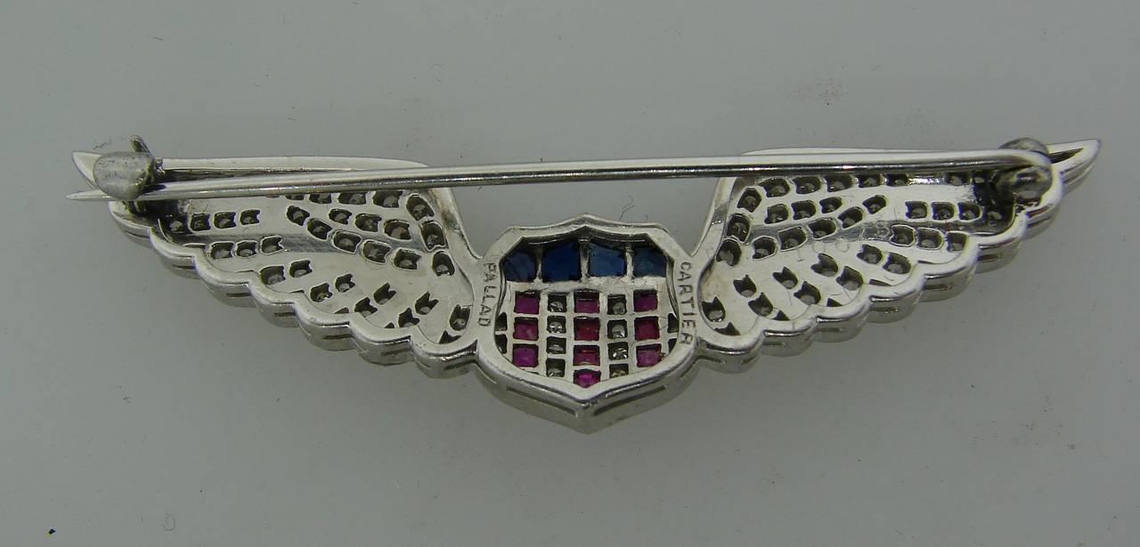 Cartier Patriotic Ruby Sapphire Diamond Aviator Wings Badge Pin Brooch 1