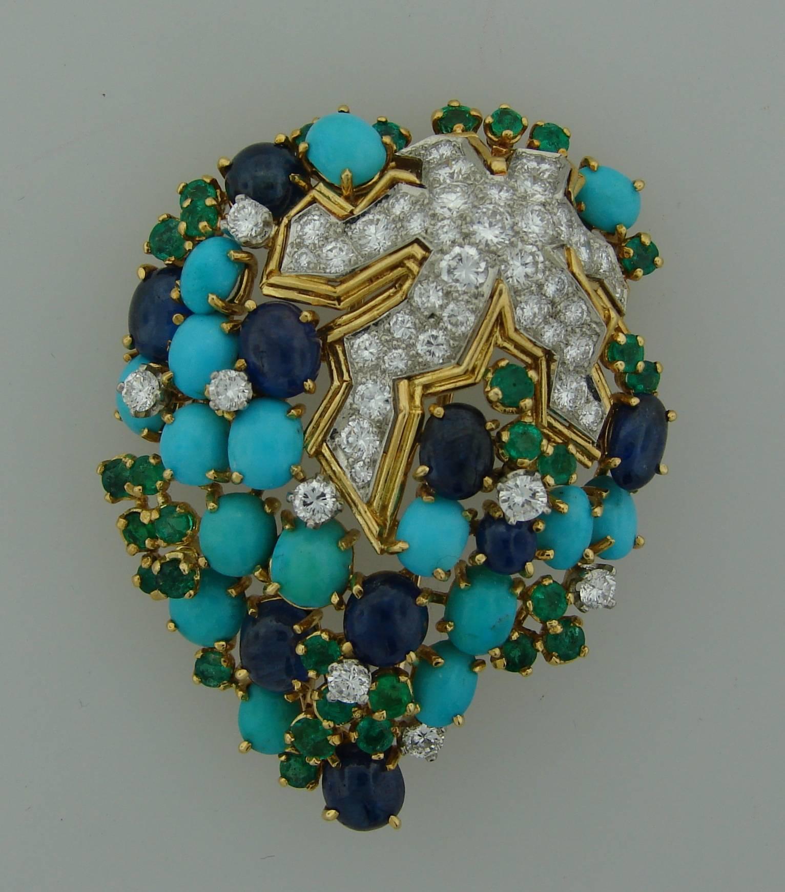 1970s French Turquoise Sapphire emerald Diamond Gold Pin Brooch In Excellent Condition In Beverly Hills, CA