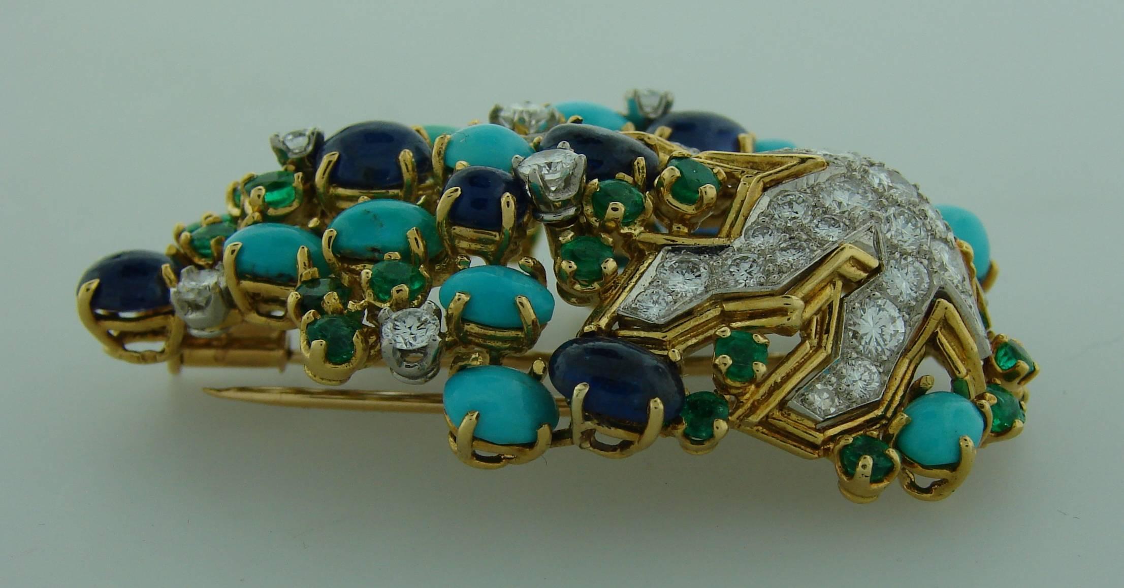 Women's 1970s French Turquoise Sapphire emerald Diamond Gold Pin Brooch