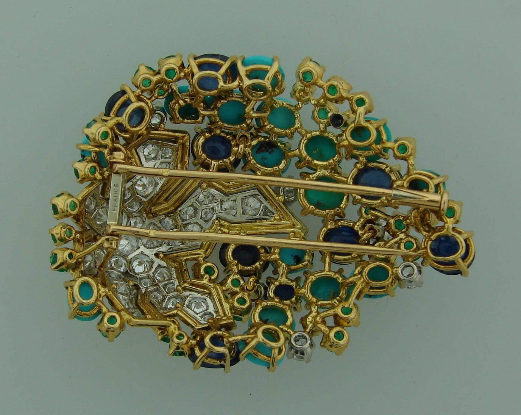 1970s French Turquoise Sapphire emerald Diamond Gold Pin Brooch 1