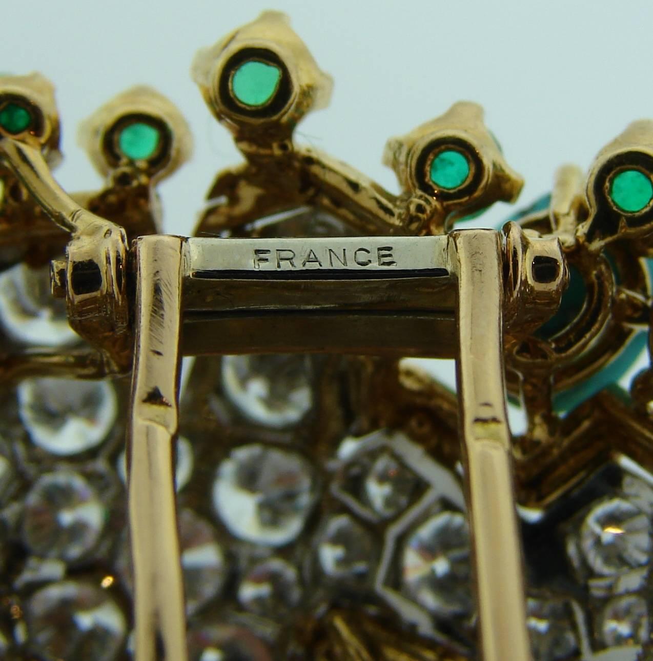 1970s French Turquoise Sapphire emerald Diamond Gold Pin Brooch 2