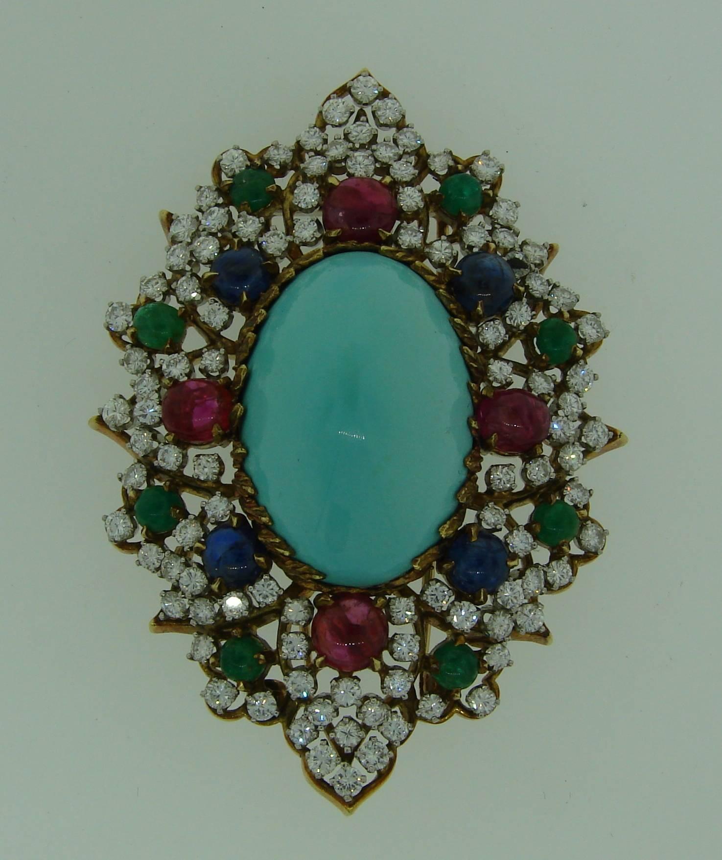 1970s Turquoise Diamond Gem Stone Gold Brooch Pin 2