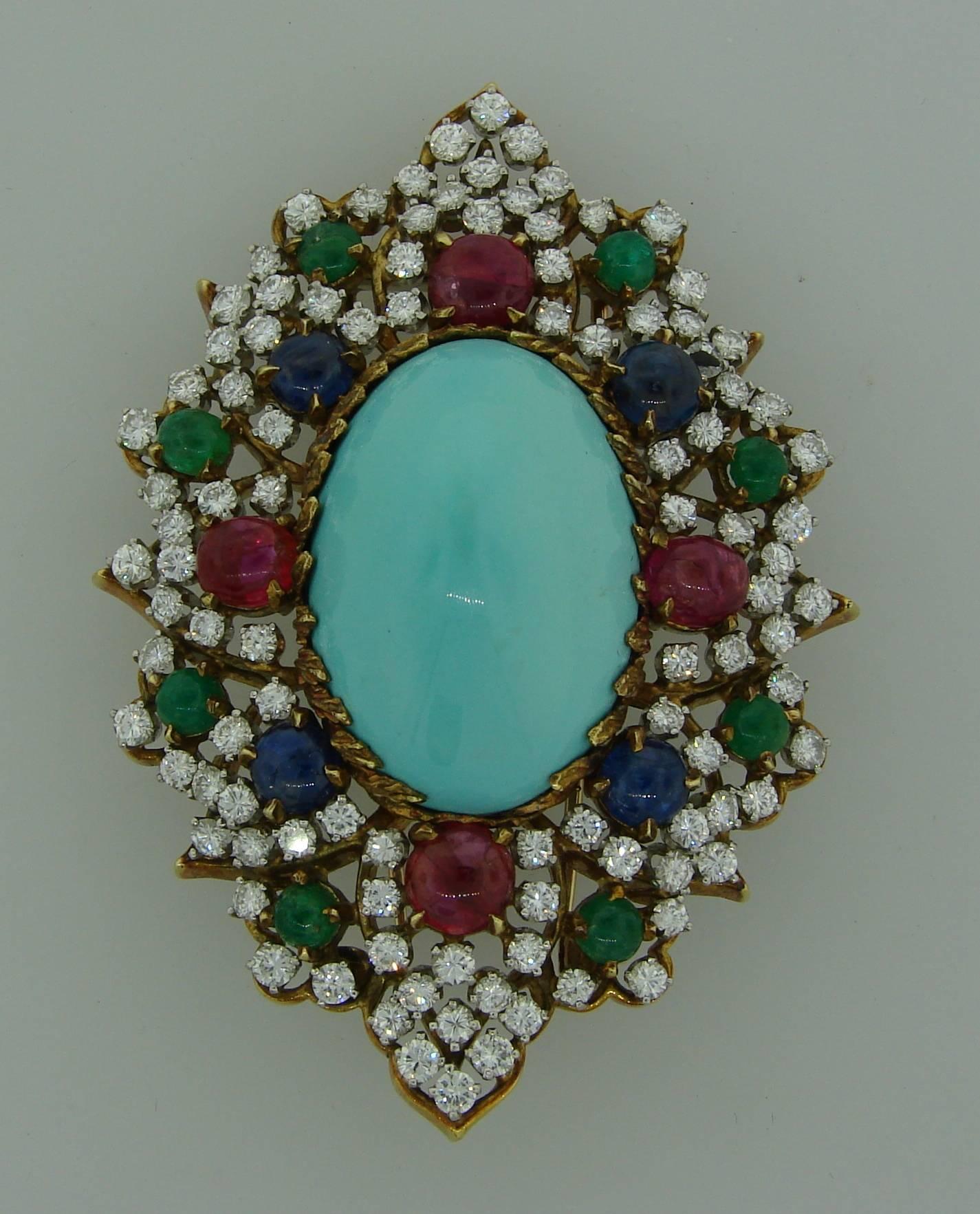 1970s Turquoise Diamond Gem Stone Gold Brooch Pin In Excellent Condition In Beverly Hills, CA