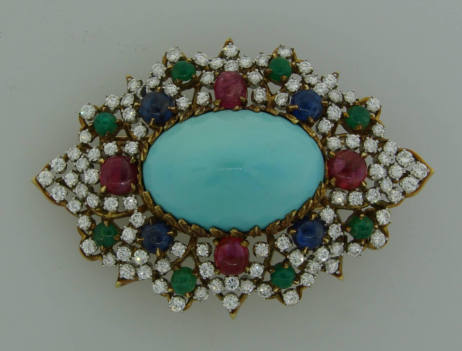 1970s Turquoise Diamond Gem Stone Gold Brooch Pin 1