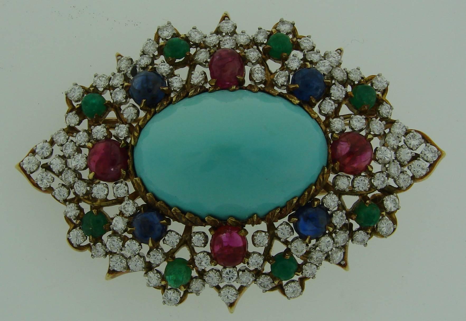 Women's 1970s Turquoise Diamond Gem Stone Gold Brooch Pin