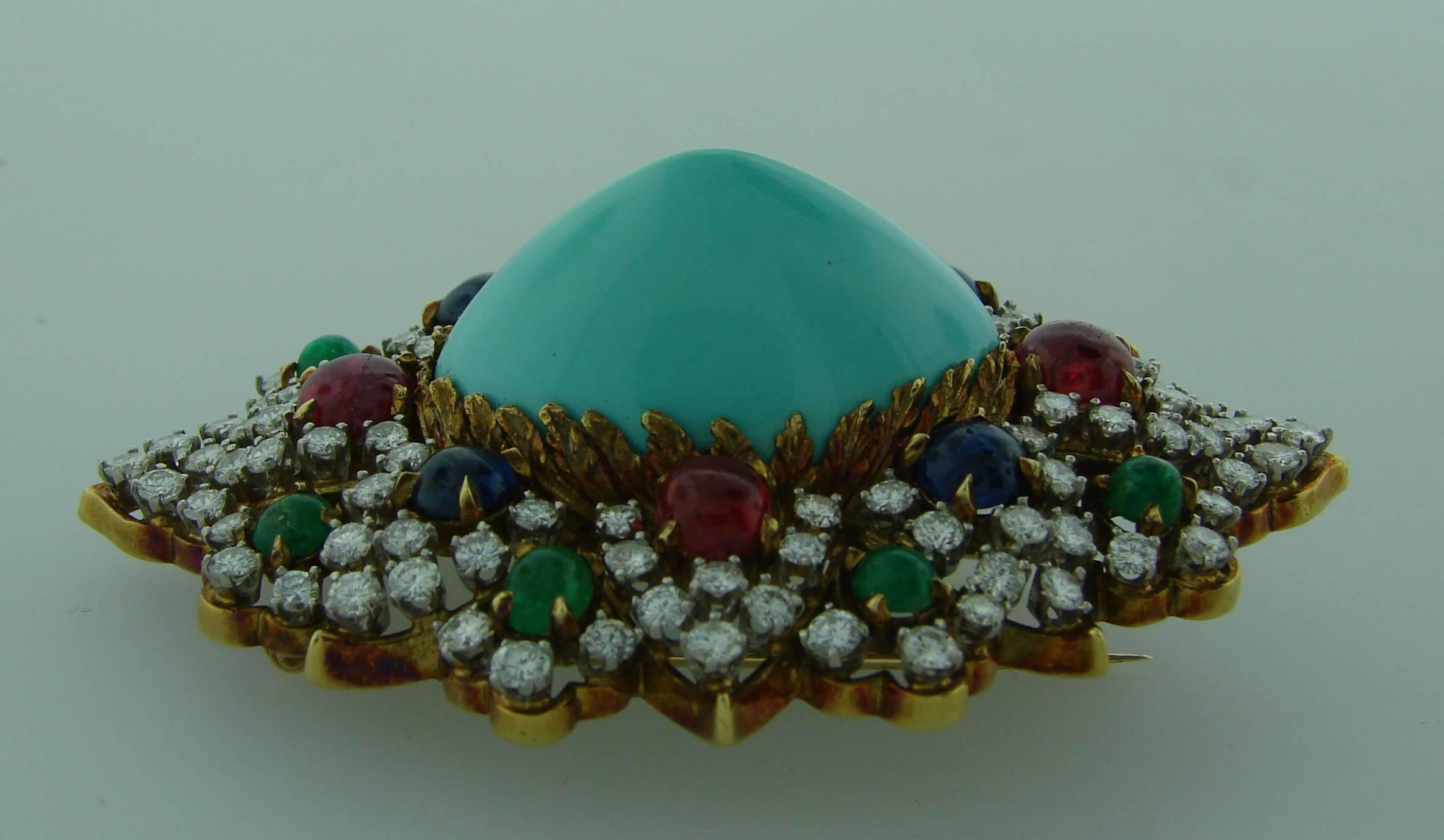 1970s Turquoise Diamond Gem Stone Gold Brooch Pin 3