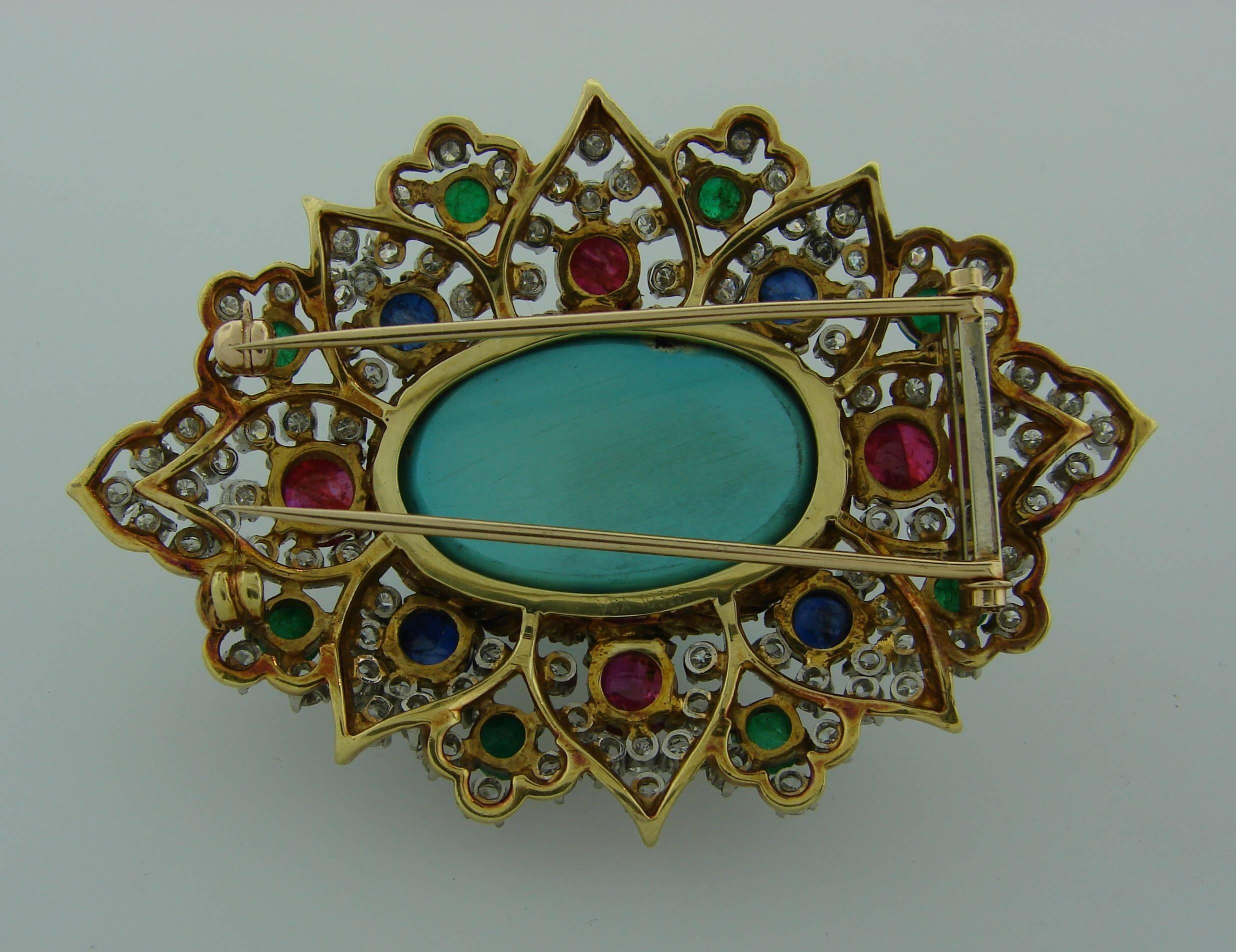 1970s Turquoise Diamond Gem Stone Gold Brooch Pin 4