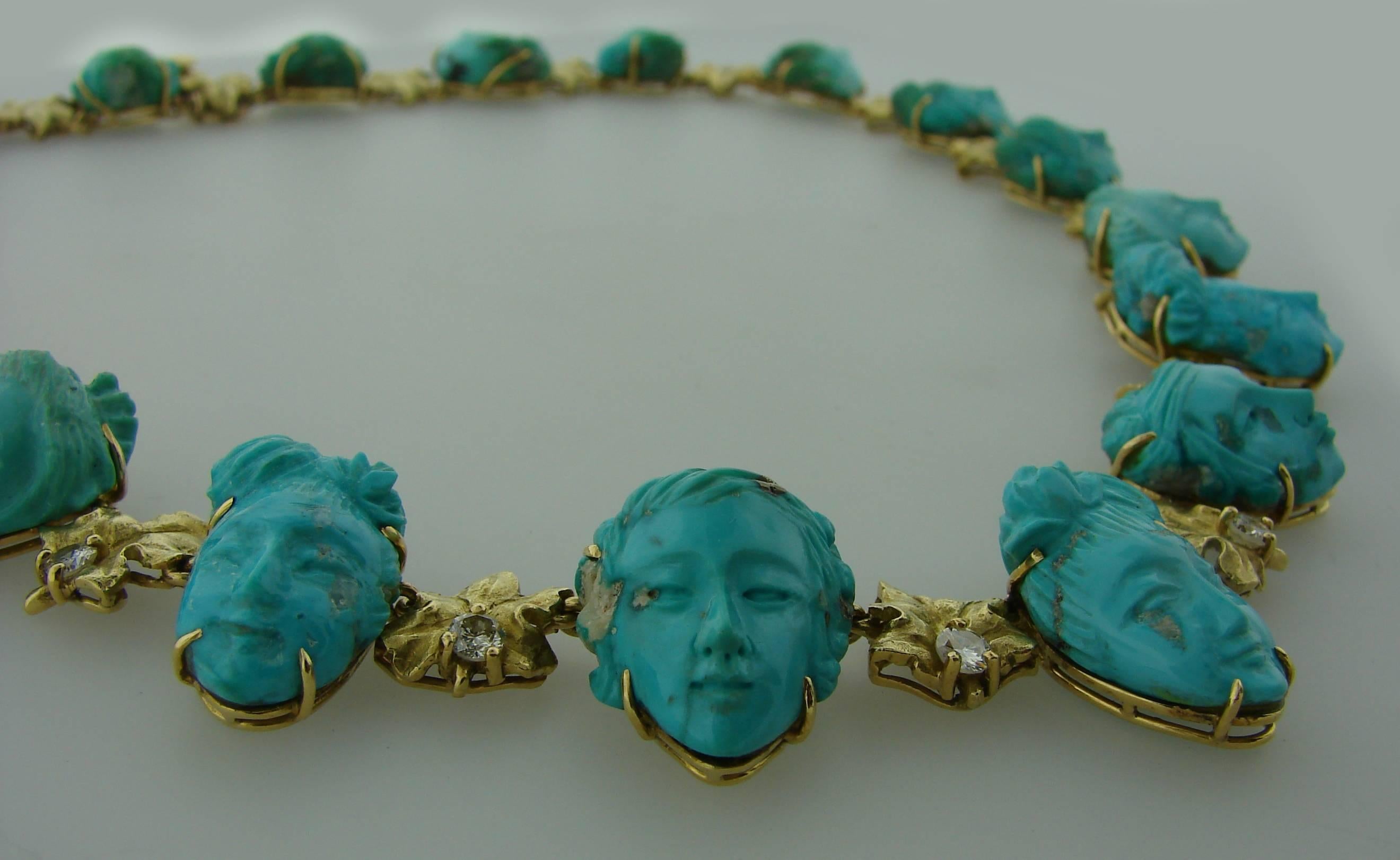 1940s Carved Turquoise Diamond Yellow Gold Necklace In Good Condition In Beverly Hills, CA