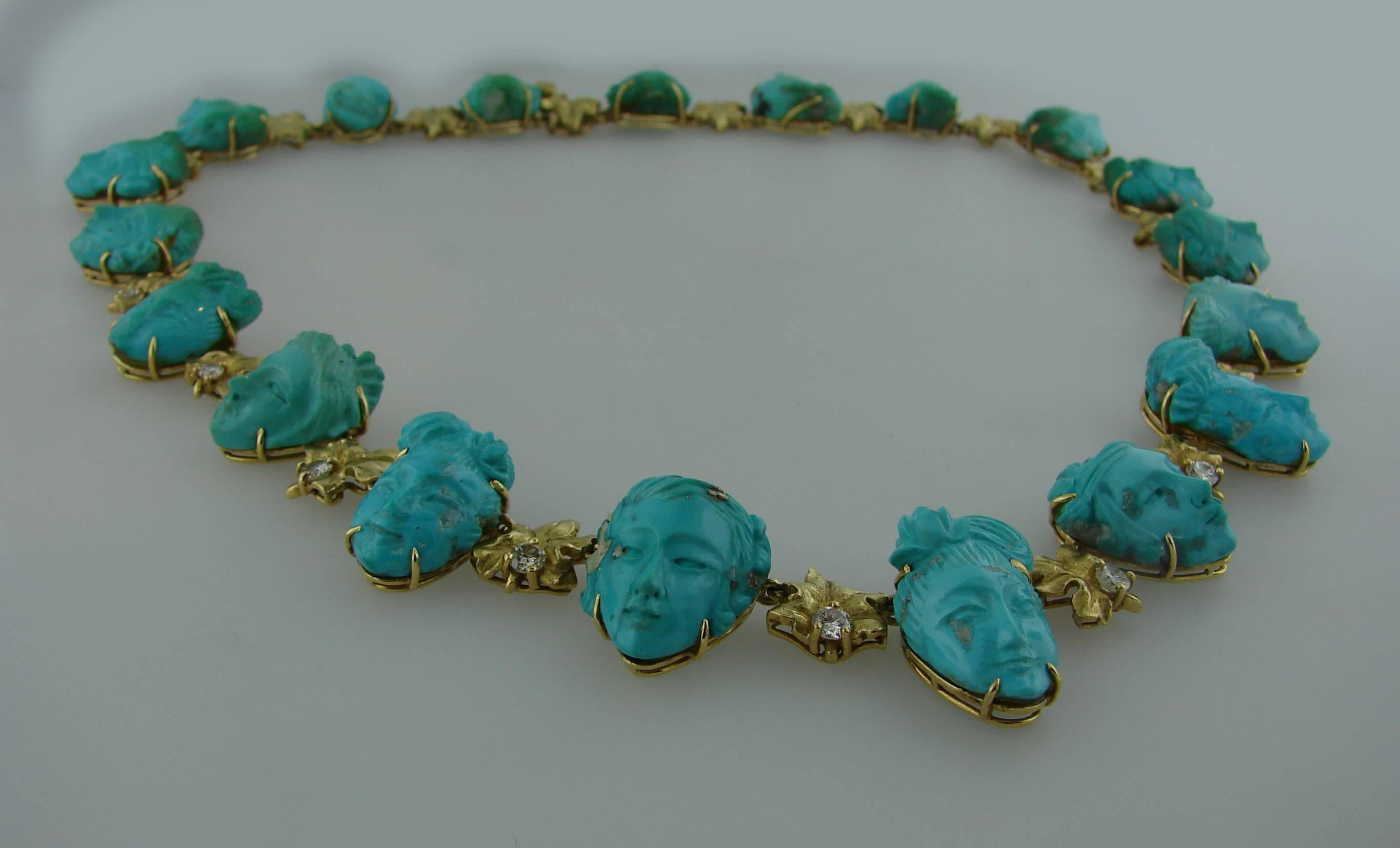 Round Cut 1940s Carved Turquoise Diamond Yellow Gold Necklace