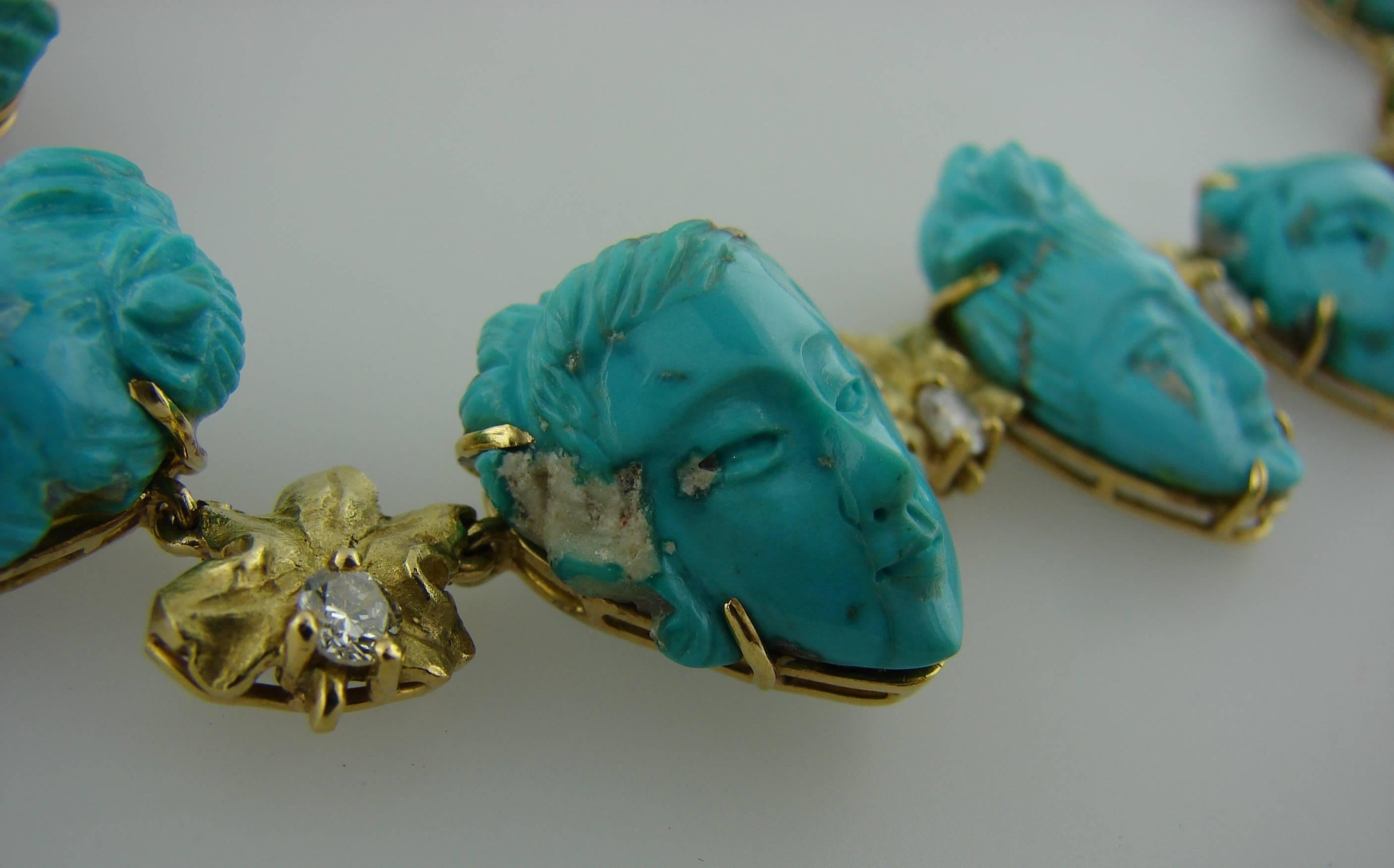 1940s Carved Turquoise Diamond Yellow Gold Necklace 2
