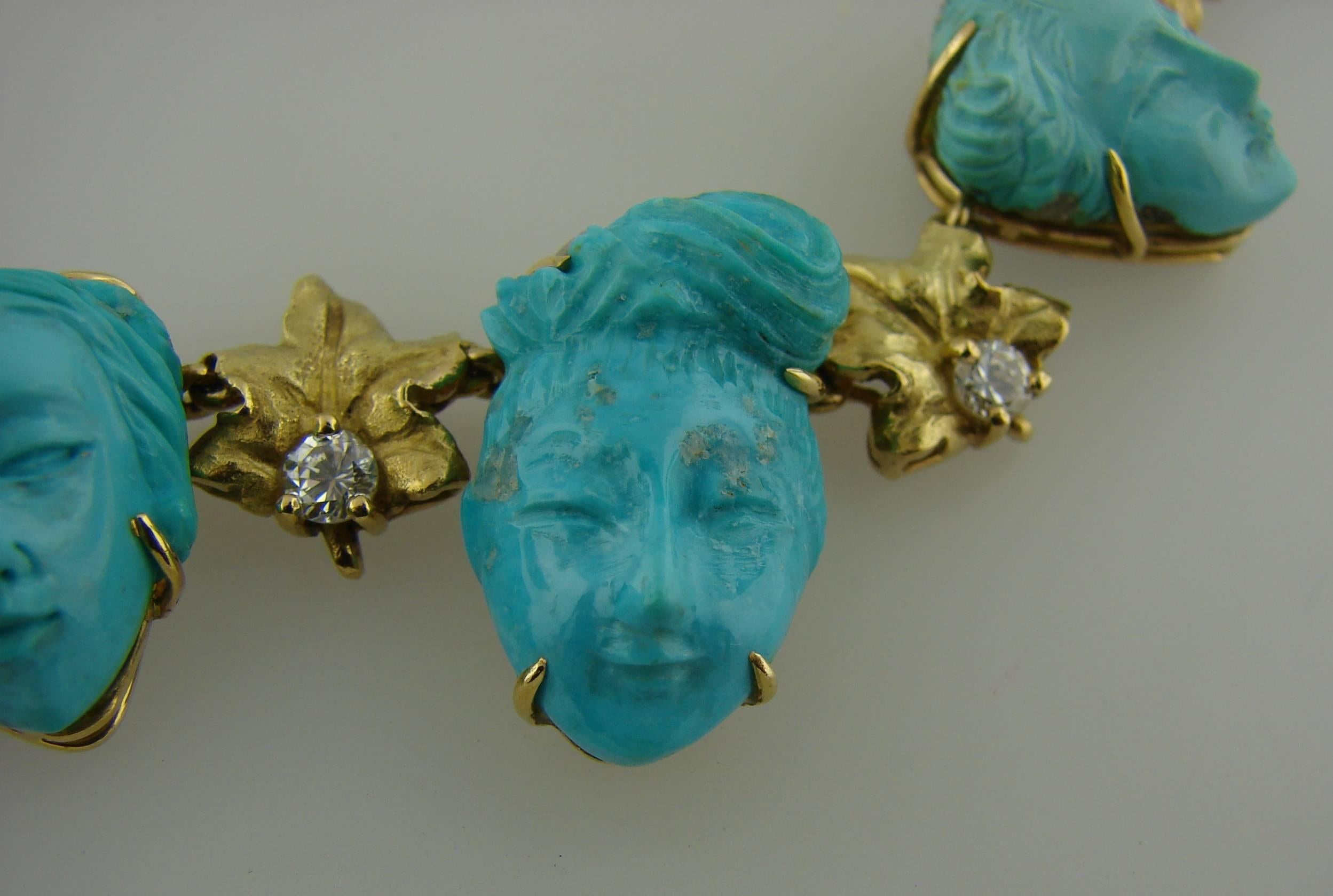1940s Carved Turquoise Diamond Yellow Gold Necklace 1