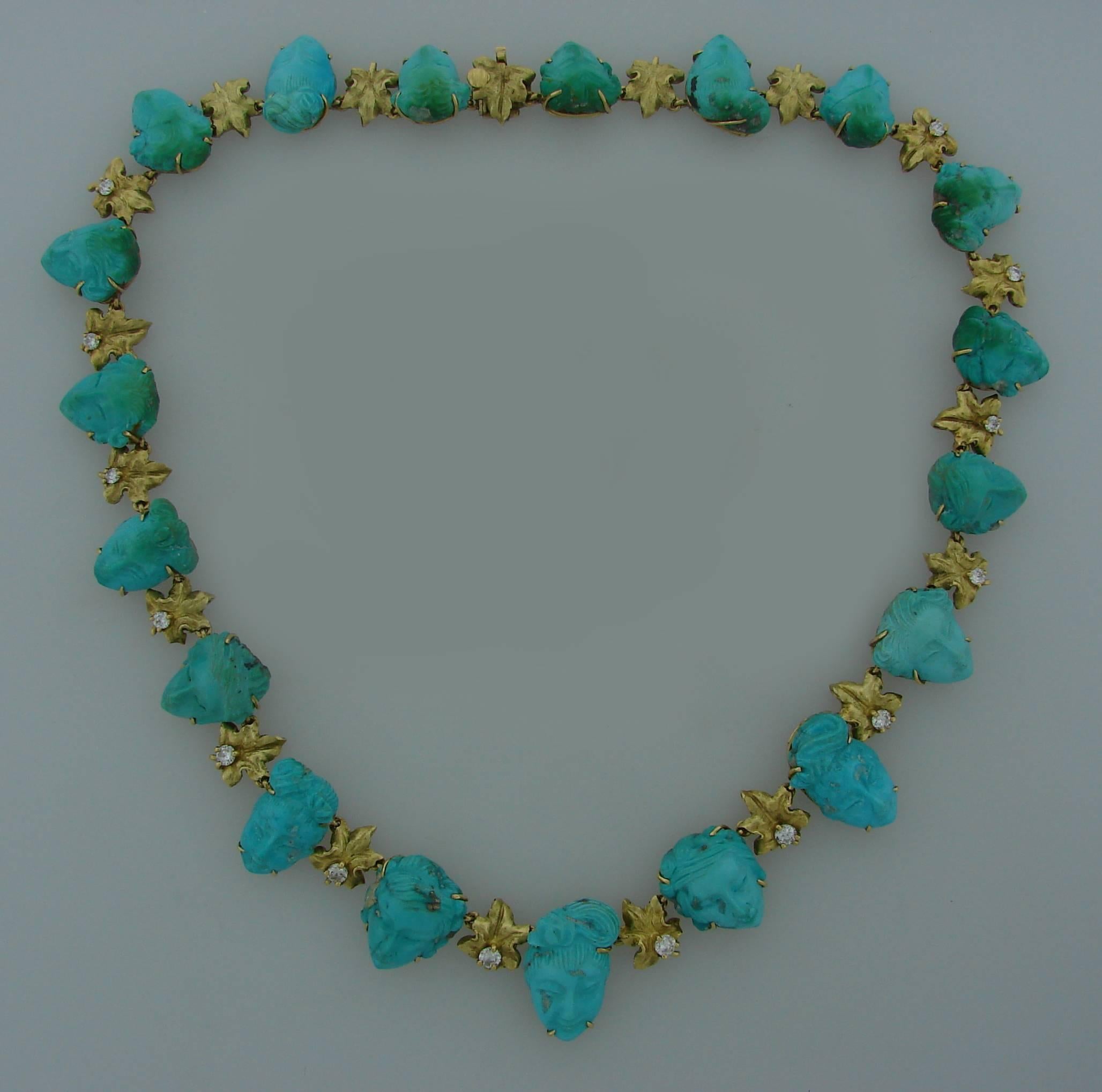1940s Carved Turquoise Diamond Yellow Gold Necklace 3