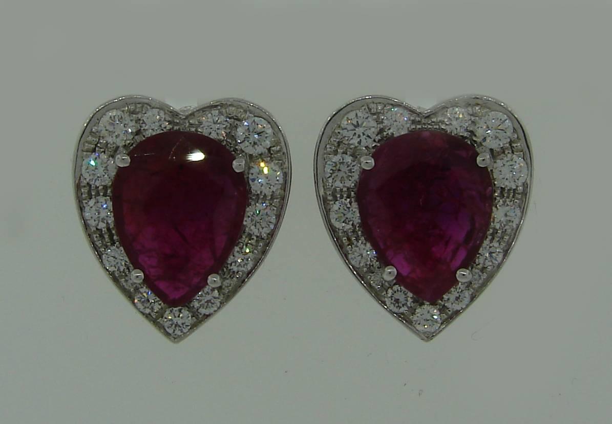 Modern No-Heat Natural Ruby Diamond Gold Heart-shape Earrings