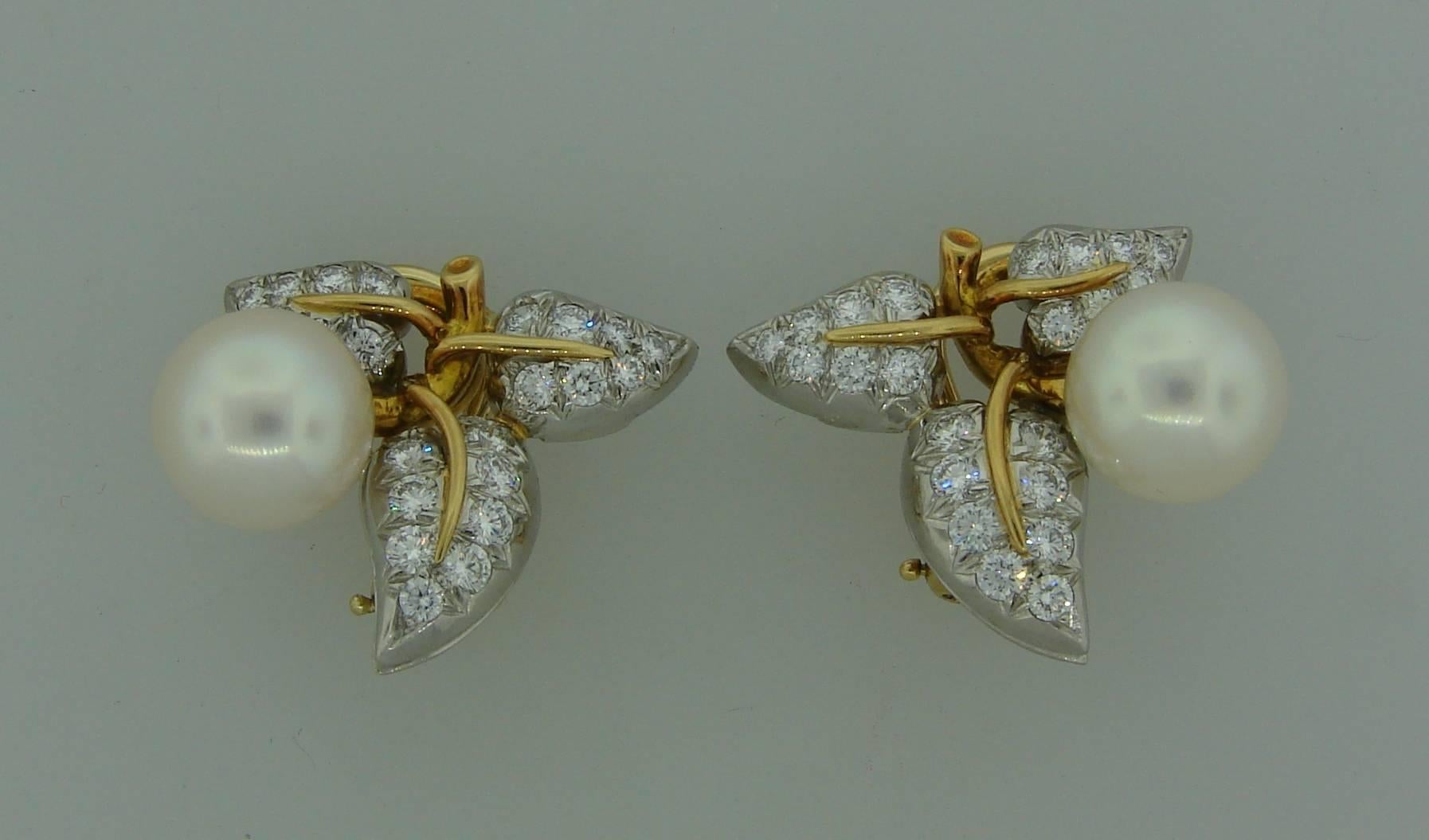 1970s Tiffany & Co. Schlumberger Pearl Diamond Gold Platinum Earrings In Excellent Condition In Beverly Hills, CA