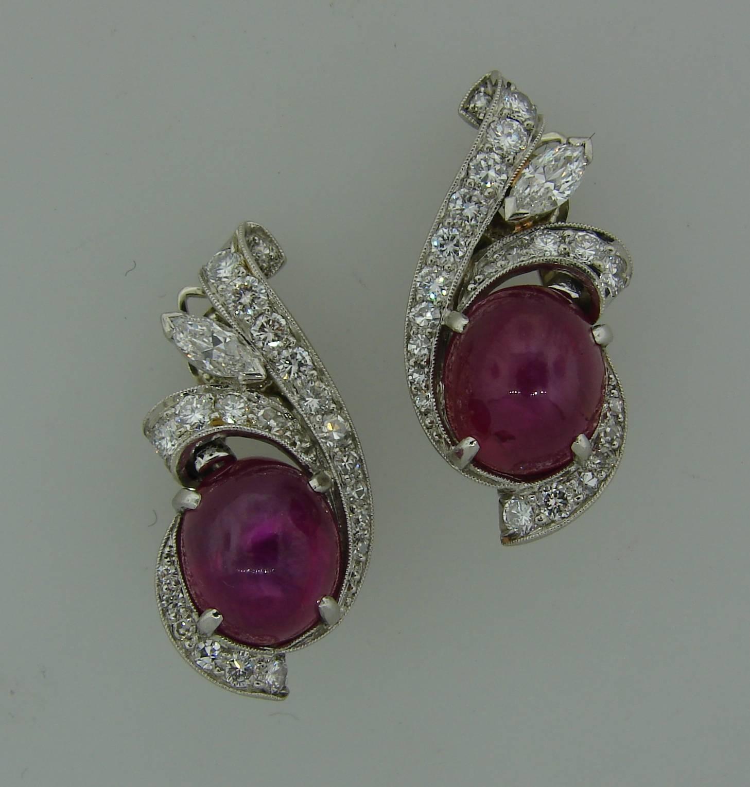 Art Deco 1960s Star Ruby Diamond Platinum Clip-on Earrings