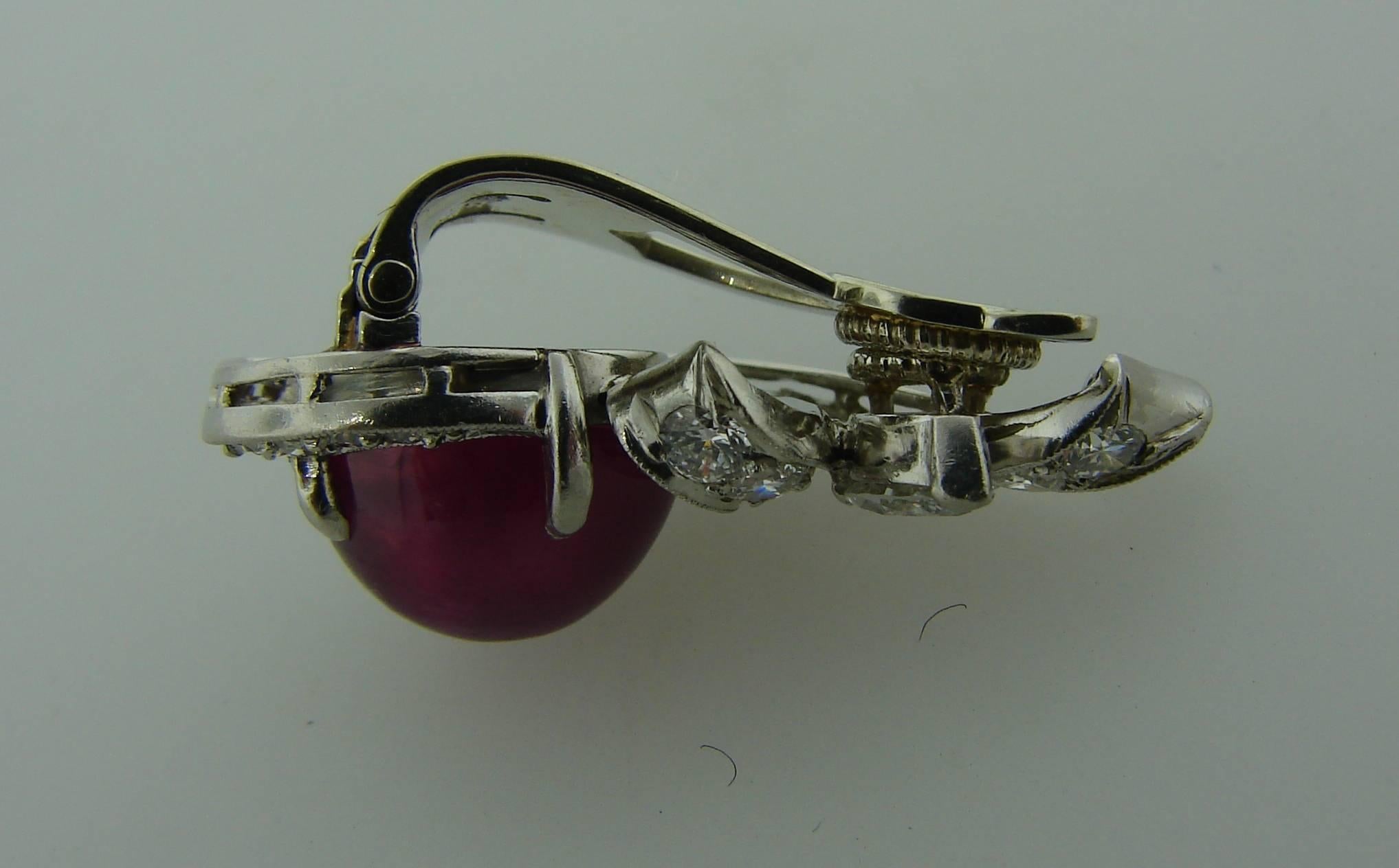 1960s Star Ruby Diamond Platinum Clip-on Earrings 1
