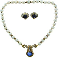 1980s Bulgari Pearl Sapphire Diamond Gold Necklace and Earrings Set