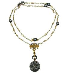 Antique 1900s Pearl Diamond Silver Gold Jaeger leCoultre Watch Pendant Necklace 