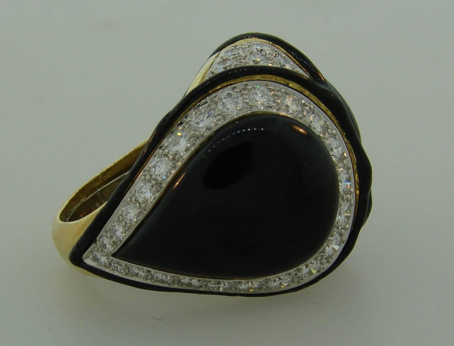 Women's 1980s David Webb Black Enamel Diamond Gold Ring