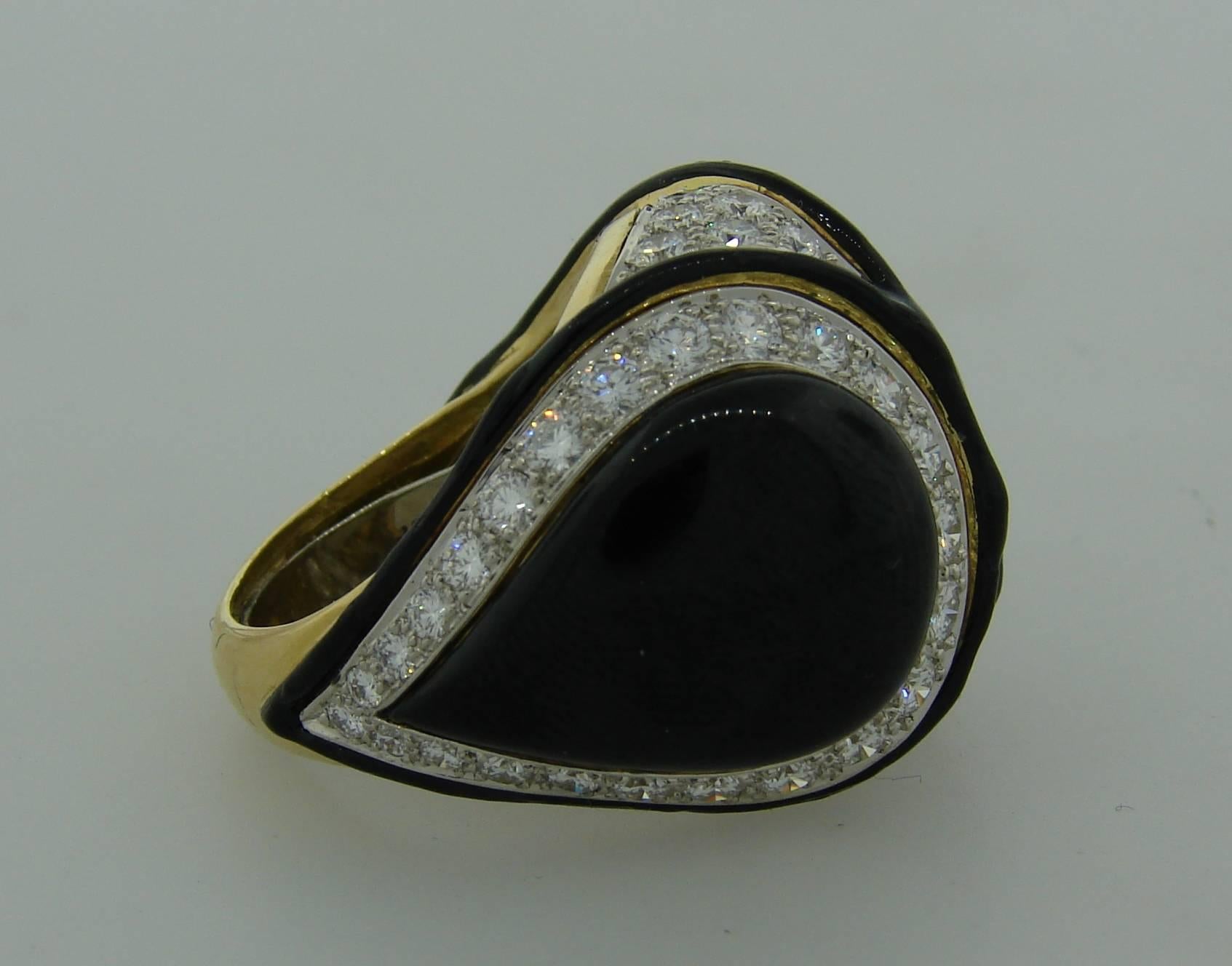 1980s David Webb Black Enamel Diamond Gold Ring 1