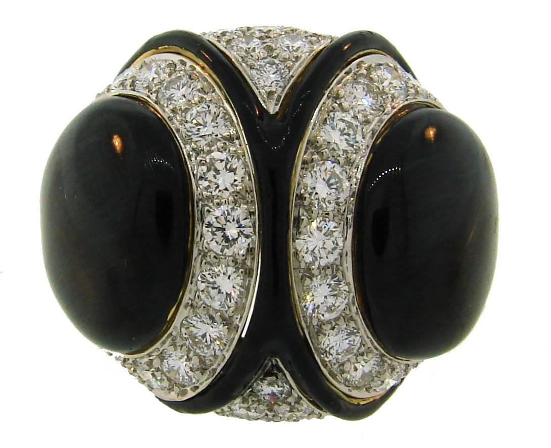 1980s David Webb Black Enamel Diamond Gold Ring In Excellent Condition In Beverly Hills, CA