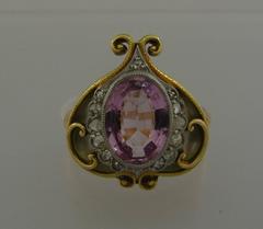 1910s Art Nouveau Plique-a-Jour Enamel Pink Sapphire Diamond Gold Ring