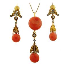 Antique Victorian Coral Diamond Pearl Gold Pendant Necklace Earrings Set