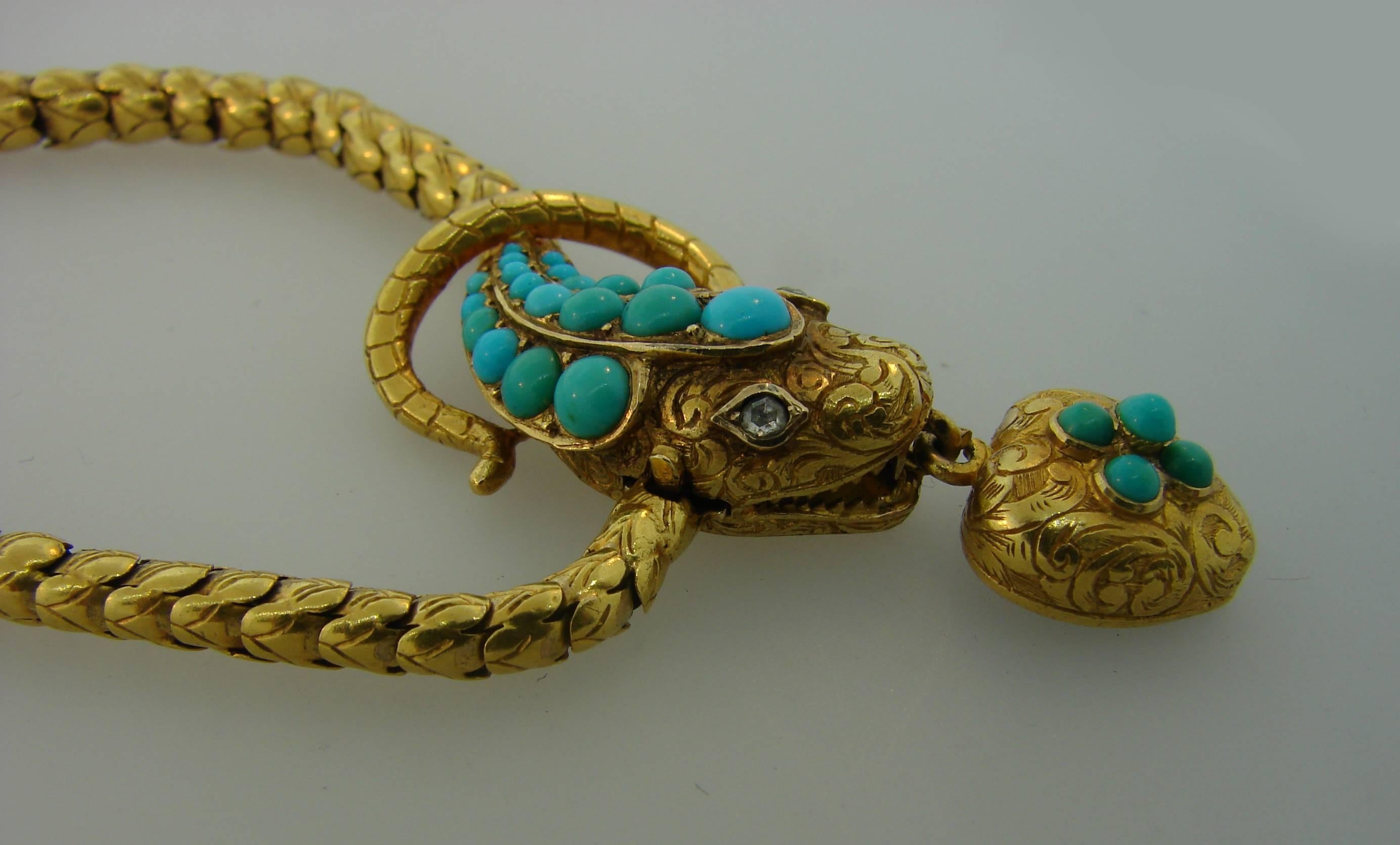 1900s Victorian Turquoise Diamond Gold Snake Necklace with Heart Locket In Excellent Condition In Beverly Hills, CA