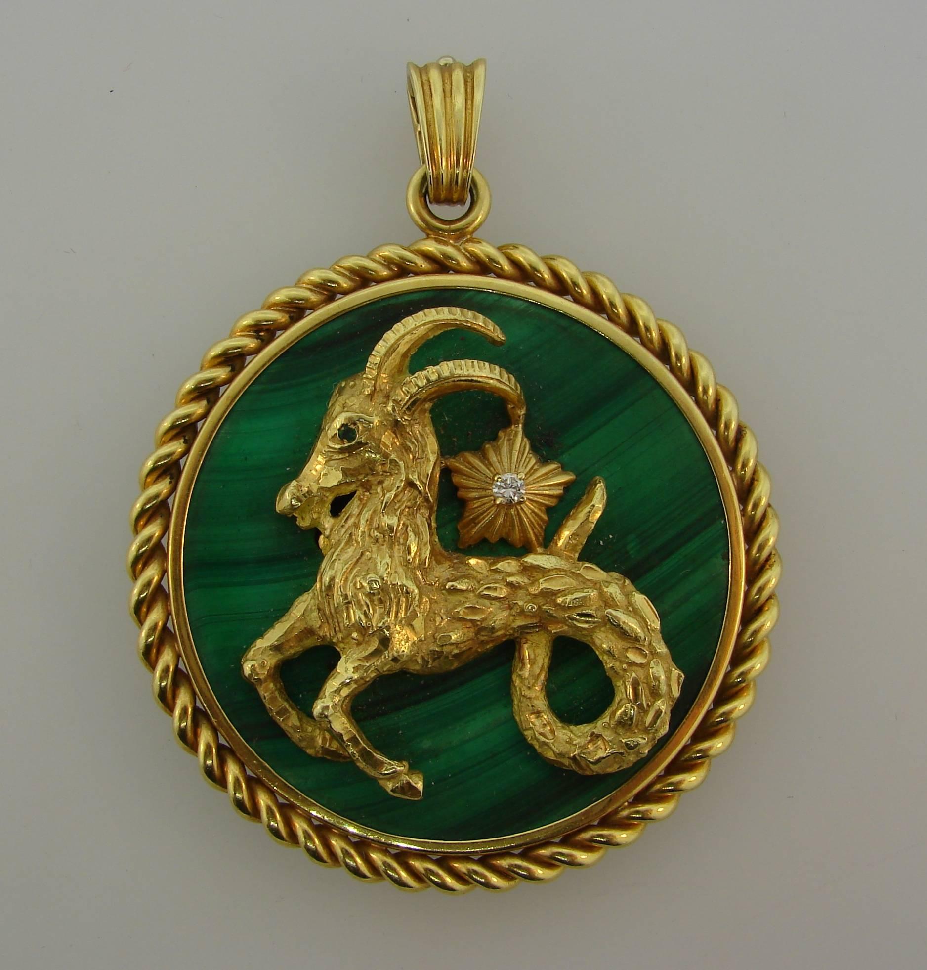 Colorful and bold Capricorn pendant created by Van Cleef & Arpels in Italy in the 1970's. A great gift for someone who was born between December 22 and January 20. 
It is made of 18 karat (stamped) yellow gold and malachite and accented with a