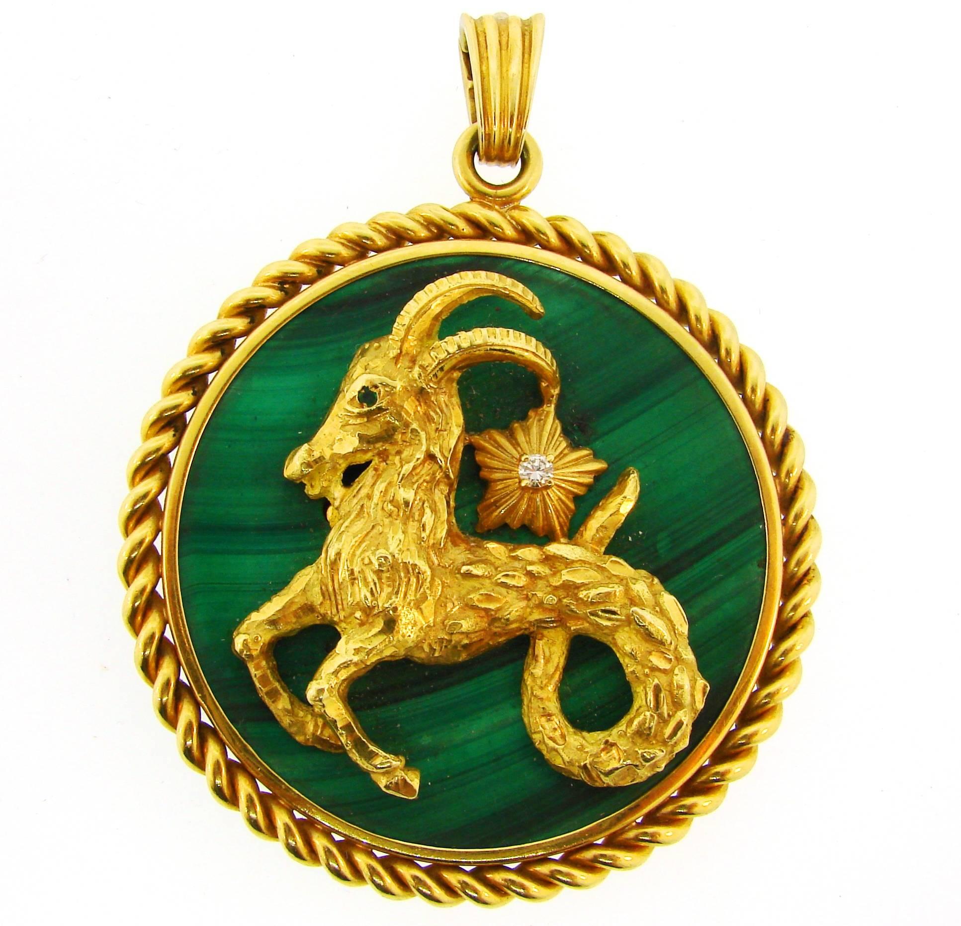 1970s Van Cleef & Arpels Malachite Diamond Gold Capricorn Pendant