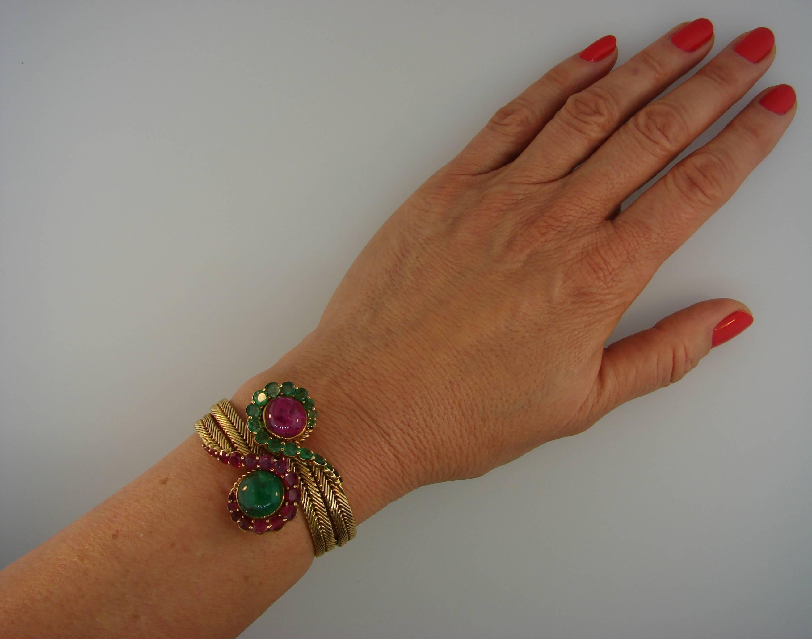 1960s Ruby Emerald Yellow Gold French Bracelet 4