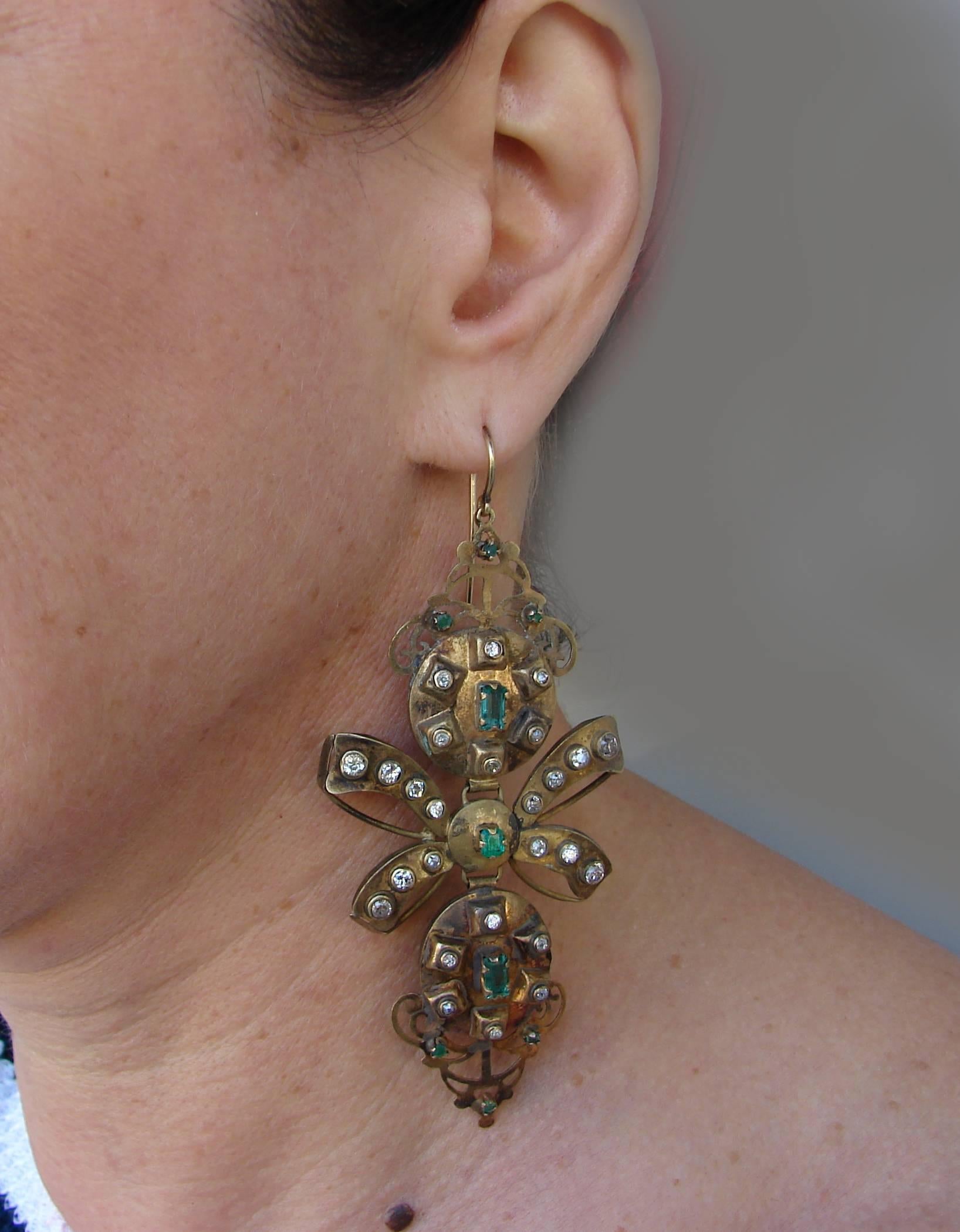 Iberian Antique Emerald Diamond Gold Chandelier Earrings 1