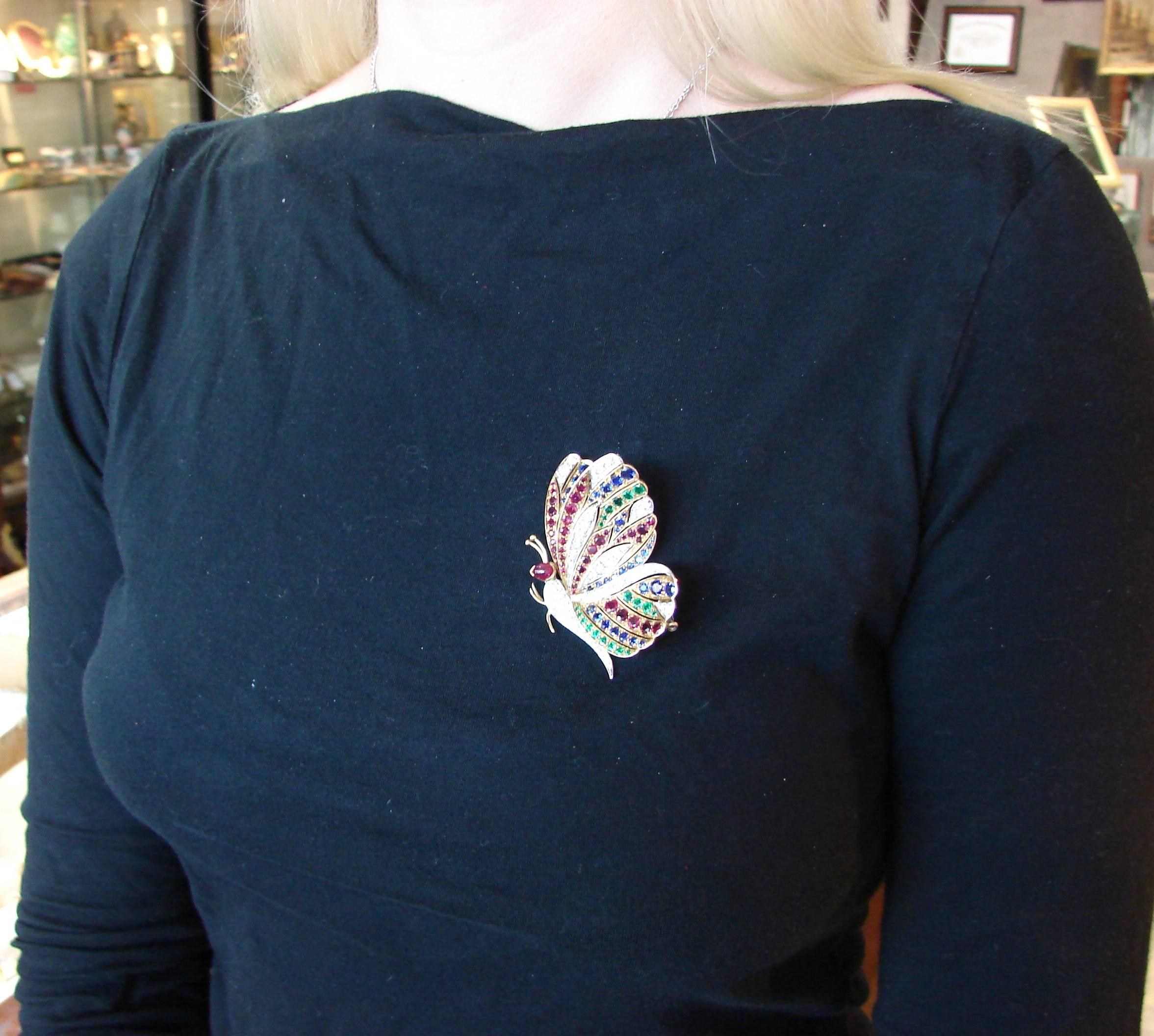 1980s Diamond Ruby Sapphire Emerald Gold Butterfly Pin Brooch Clip 4
