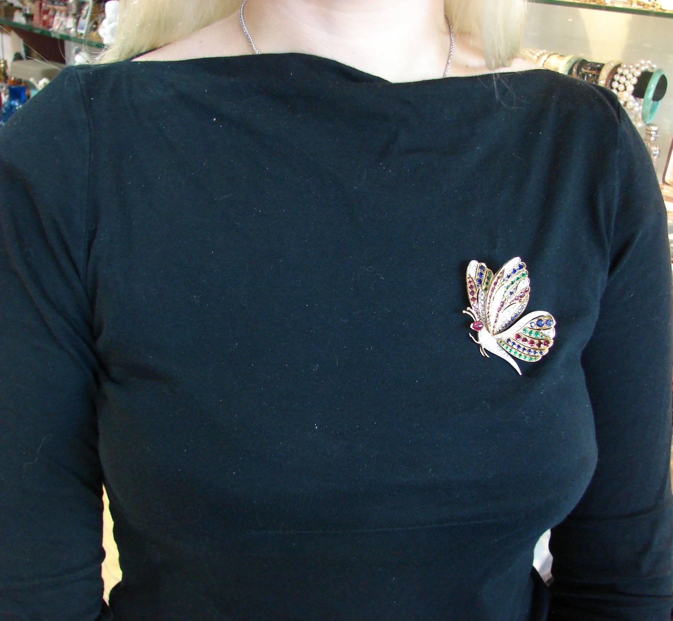 1980s Diamond Ruby Sapphire Emerald Gold Butterfly Pin Brooch Clip 5