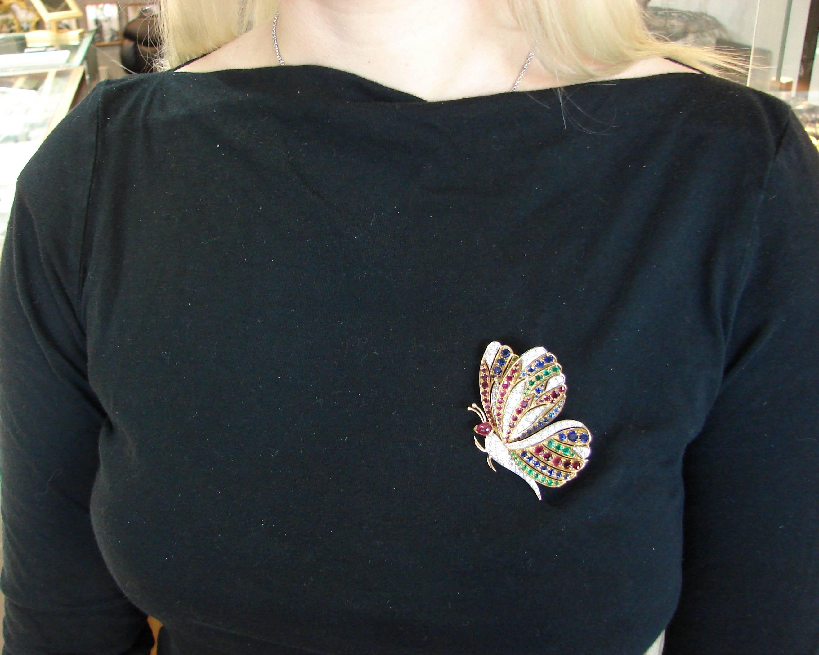 1980s Diamond Ruby Sapphire Emerald Gold Butterfly Pin Brooch Clip 6