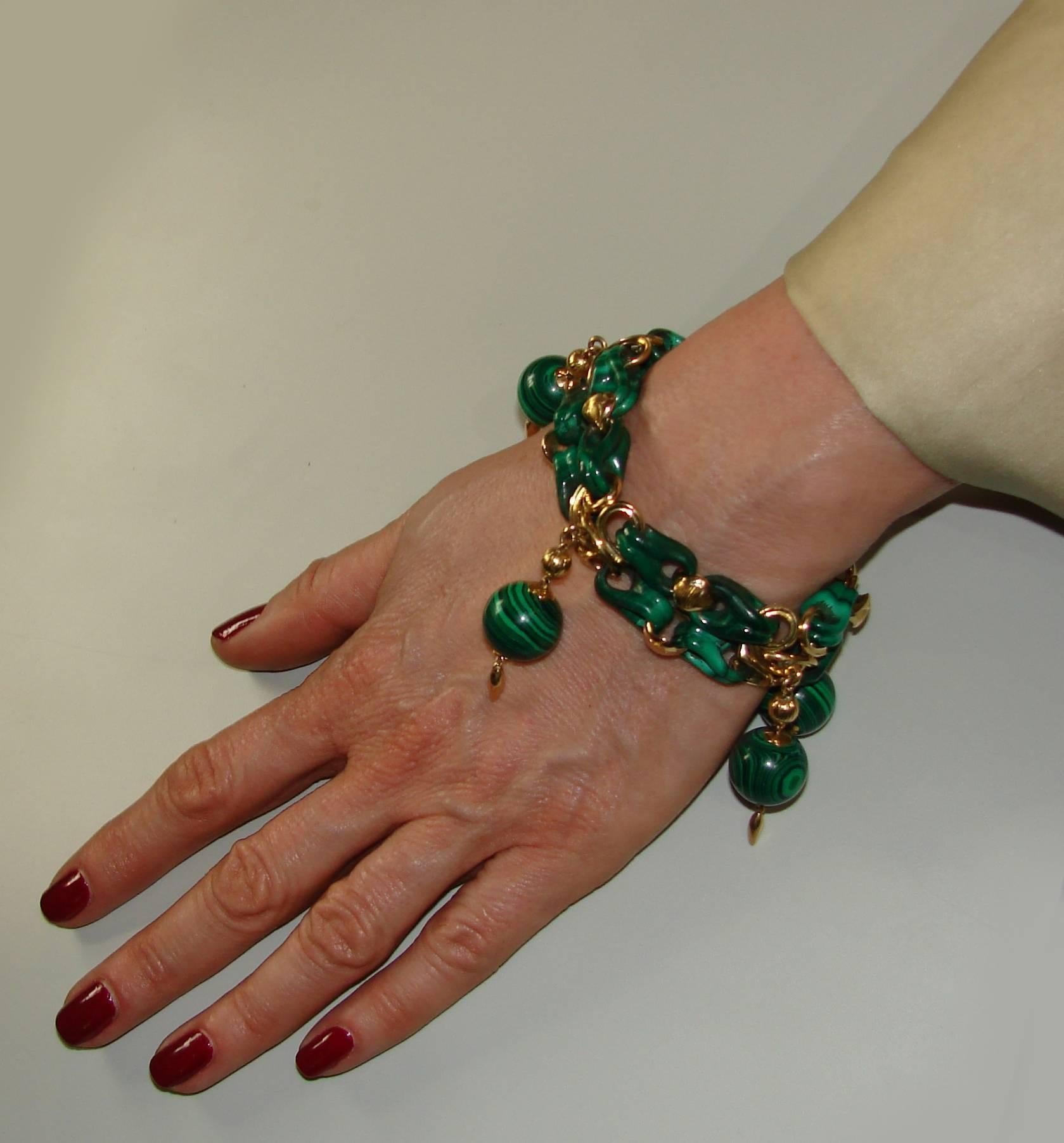 1970s French Malachite Gold Charm Bead Bracelet  In Excellent Condition In Beverly Hills, CA
