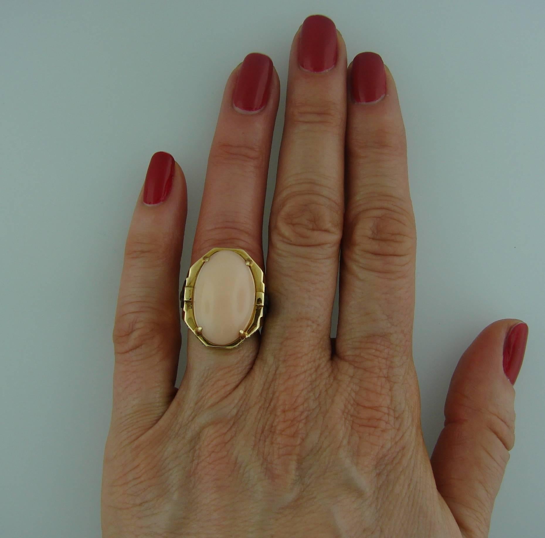 Women's 1970s Bulgari Coral Diamond Enamel Yellow Gold Ring