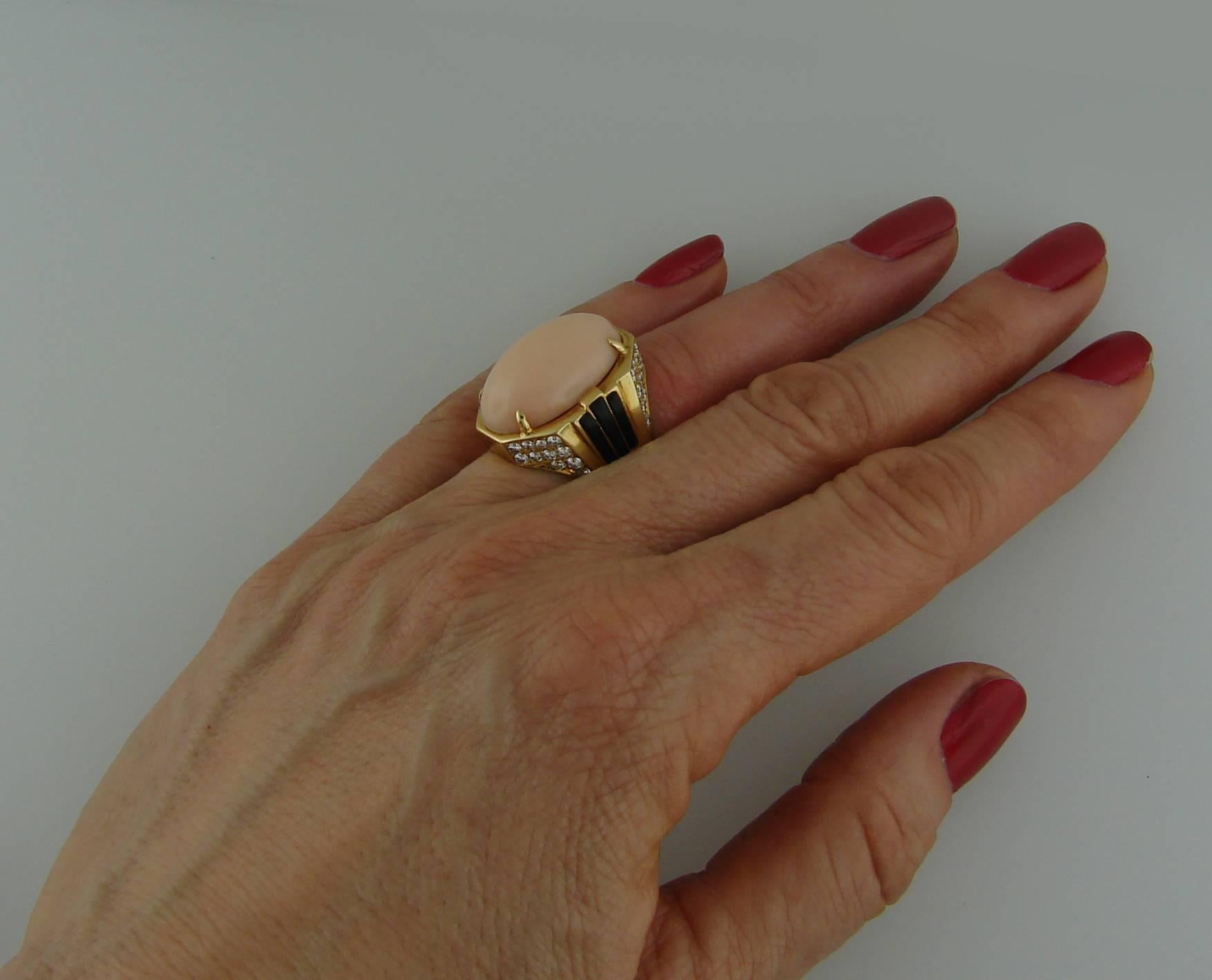 1970s Bulgari Coral Diamond Enamel Yellow Gold Ring 1