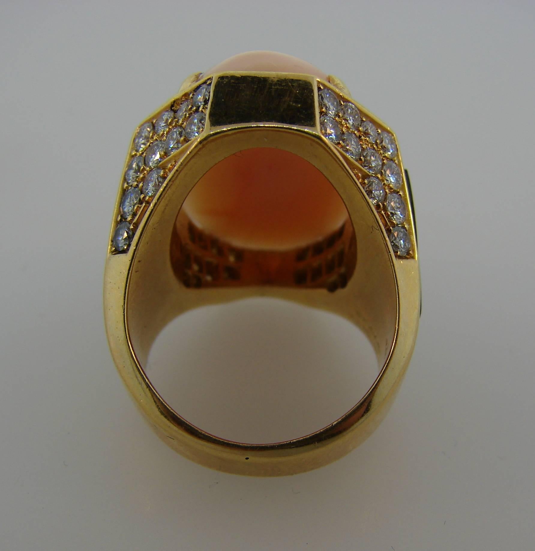 1970s Bulgari Coral Diamond Enamel Yellow Gold Ring 4