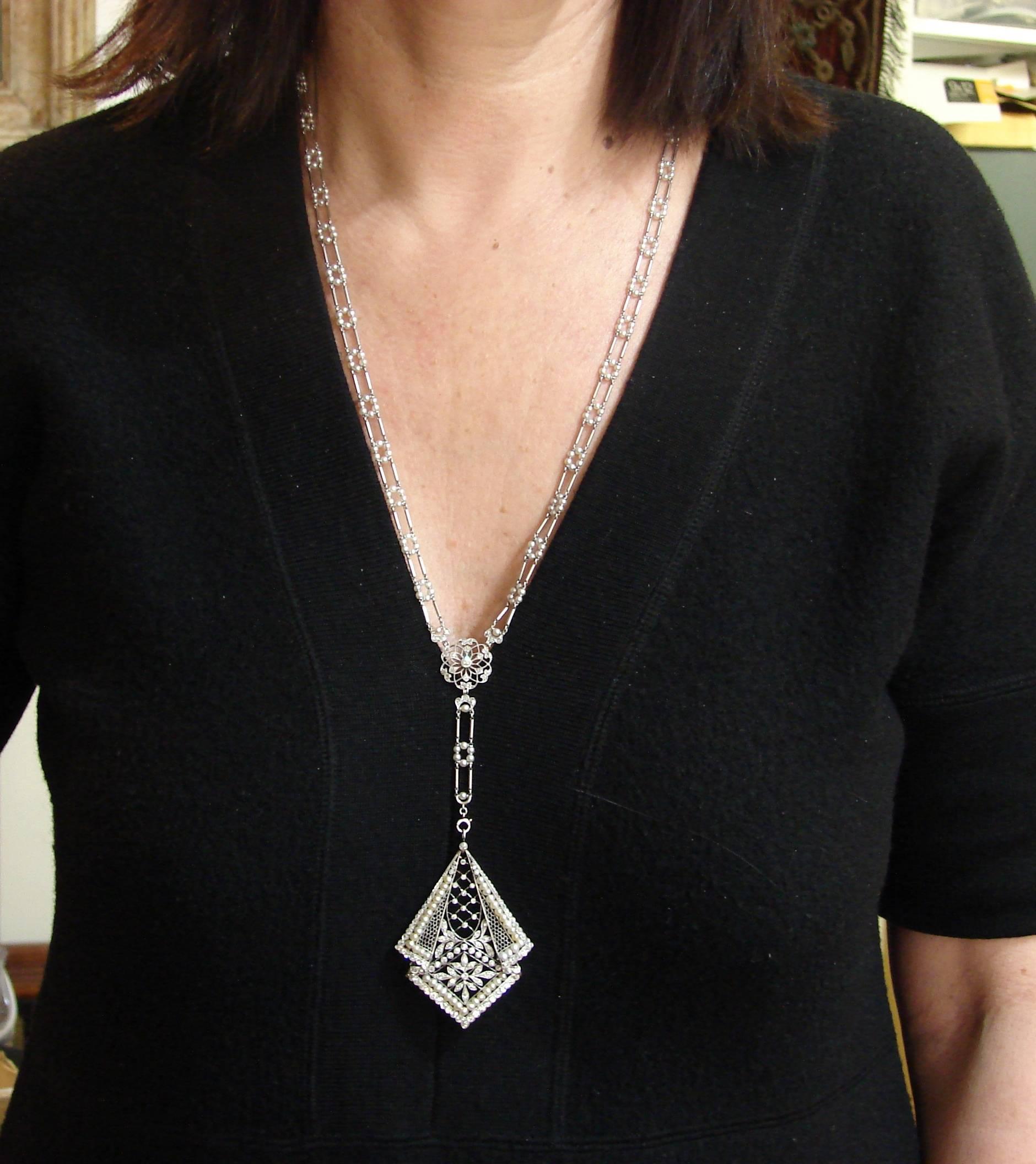 Women's Edwardian Seed Pearl Diamond Platinum Pendant Necklace
