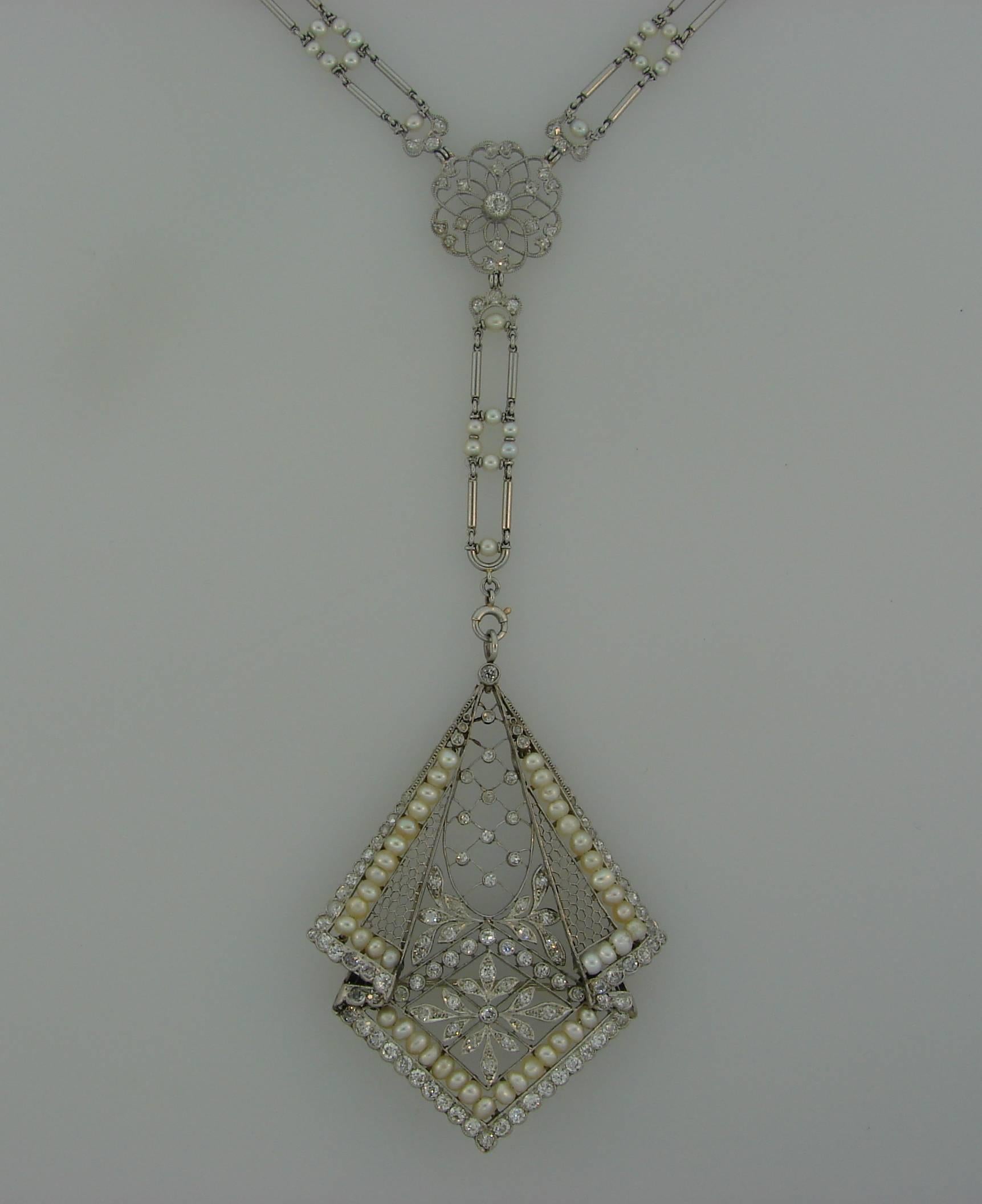 Edwardian Seed Pearl Diamond Platinum Pendant Necklace 1