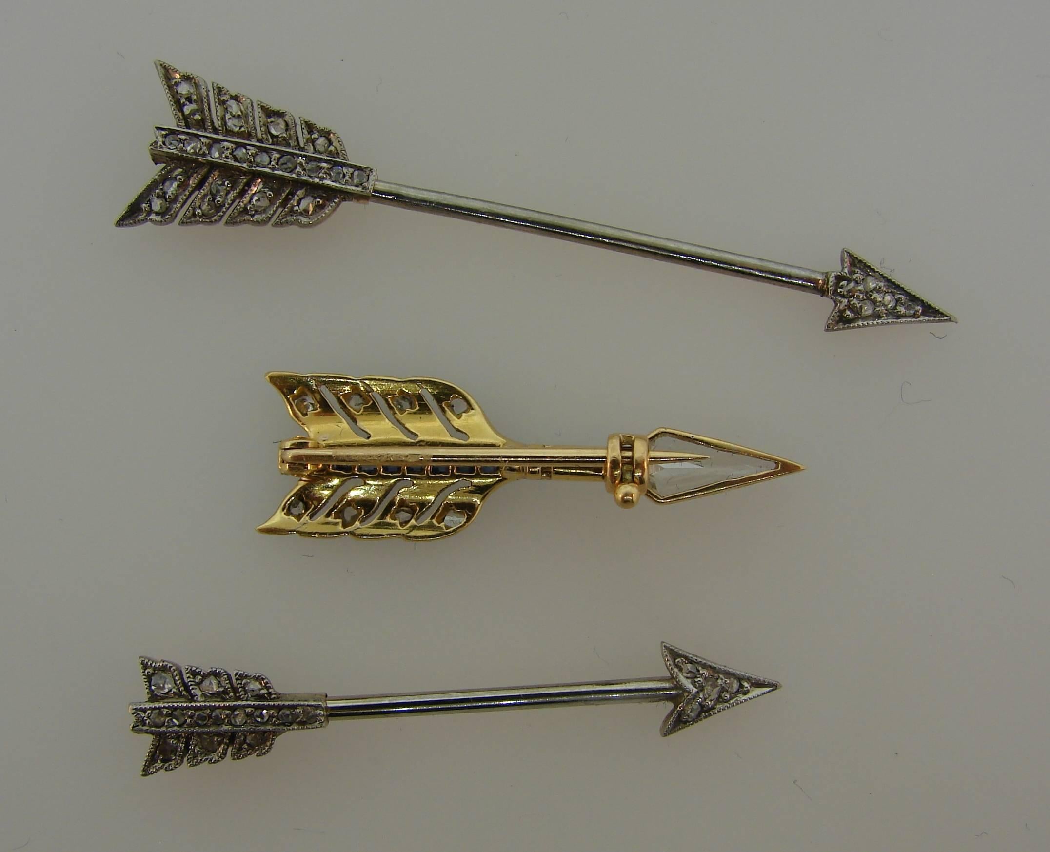 Women's or Men's Art Deco Diamond Sapphire Platinum Yellow Gold Arrow Pin Brooch Clip Trio