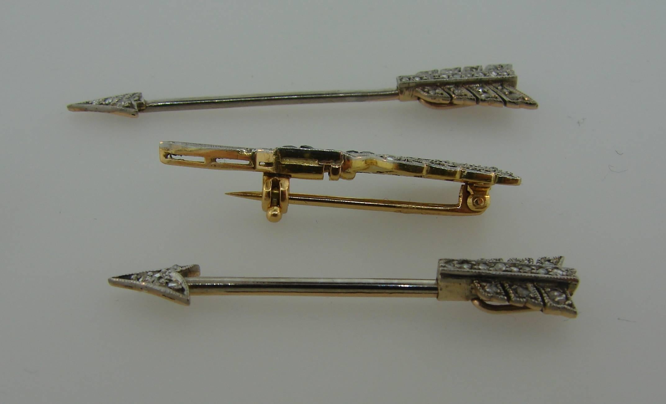 Art Deco Diamond Sapphire Platinum Yellow Gold Arrow Pin Brooch Clip Trio 1