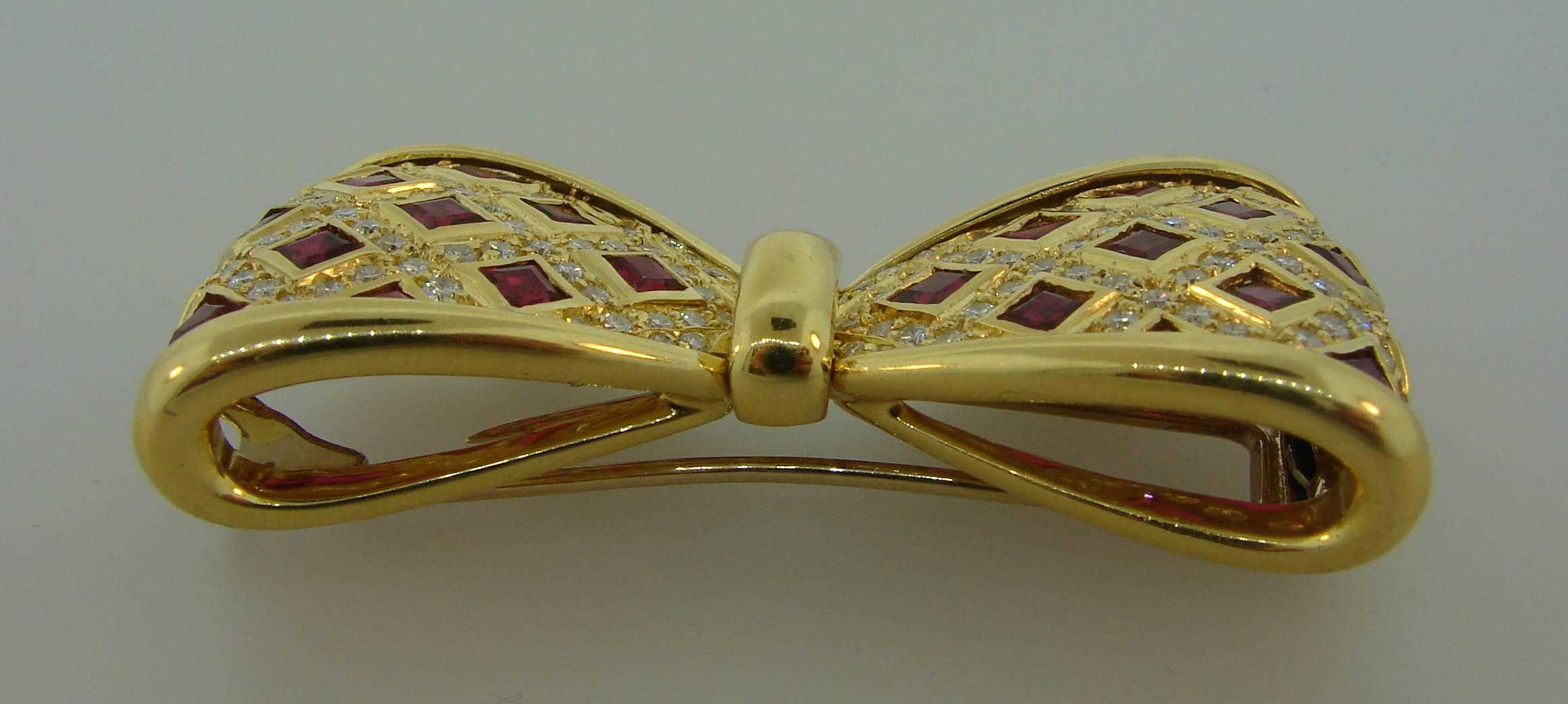 Van Cleef & Arpels Diamond Ruby Yellow Gold Bow Brooch Pin Clip 1