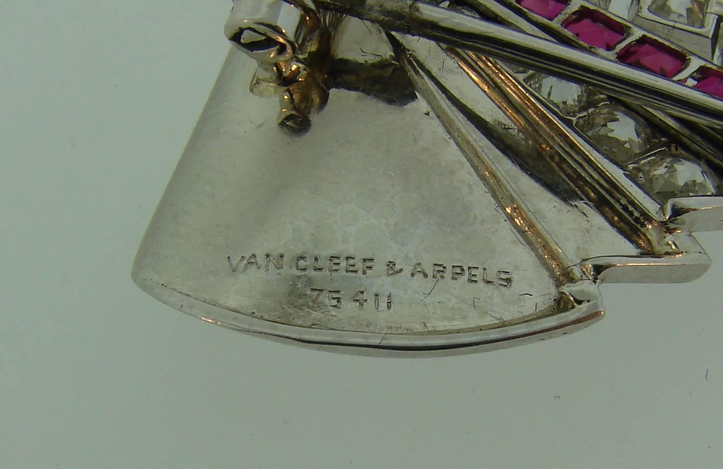 Art Deco 1930s Van Cleef & Arpels Diamond Ruby Platinum Clip Pin Brooch VCA