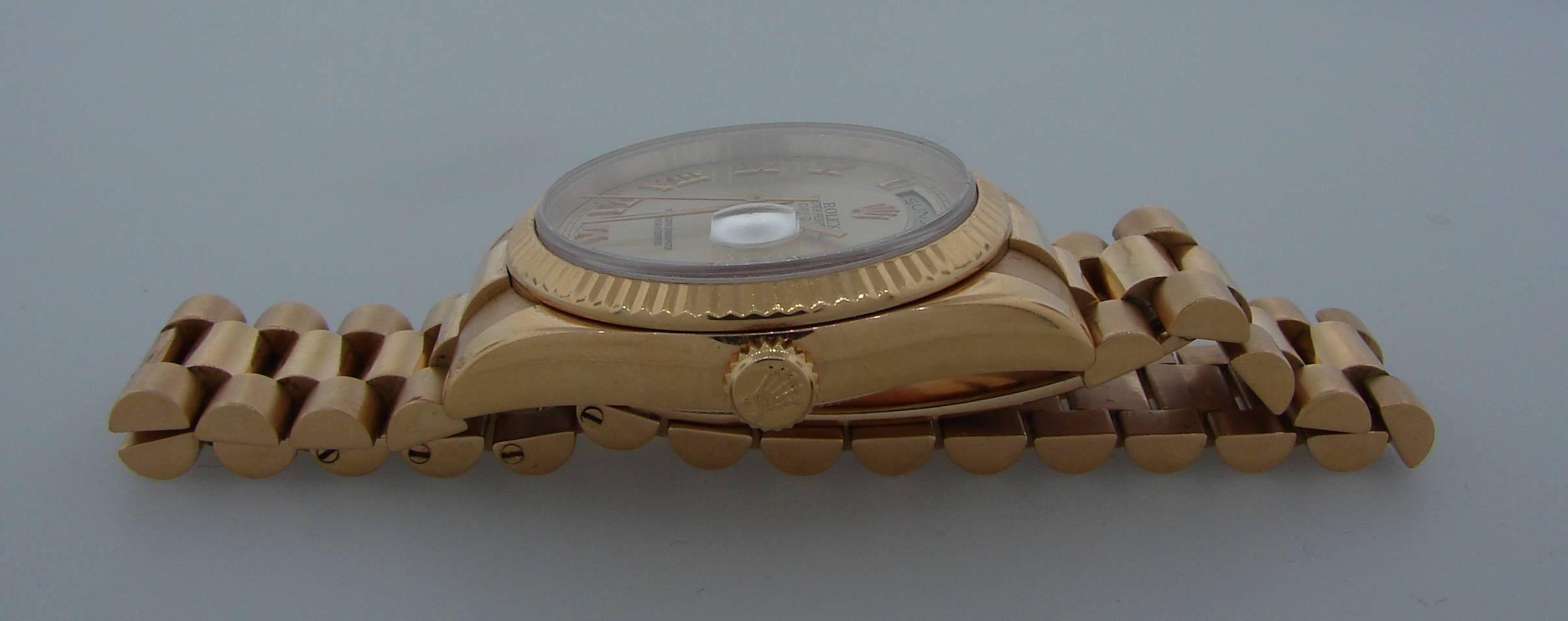 Rolex Rose Gold Oyster Perpetual Day-Date Wristwatch In Excellent Condition In Beverly Hills, CA
