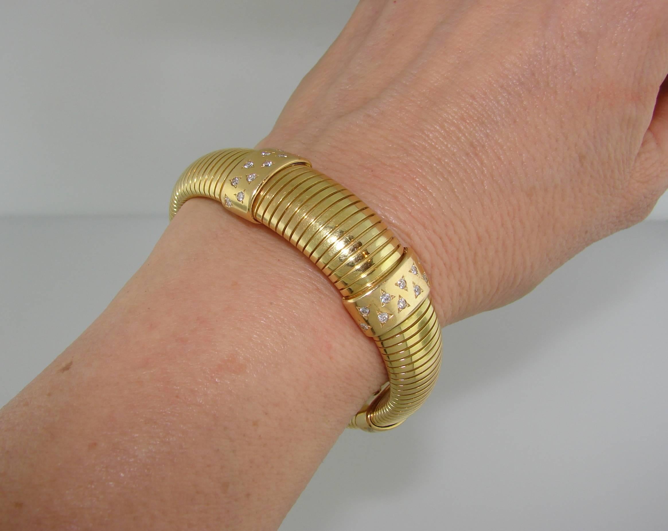 1970s Cartier Diamond Yellow Gold Tubogas Bracelet In Excellent Condition In Beverly Hills, CA