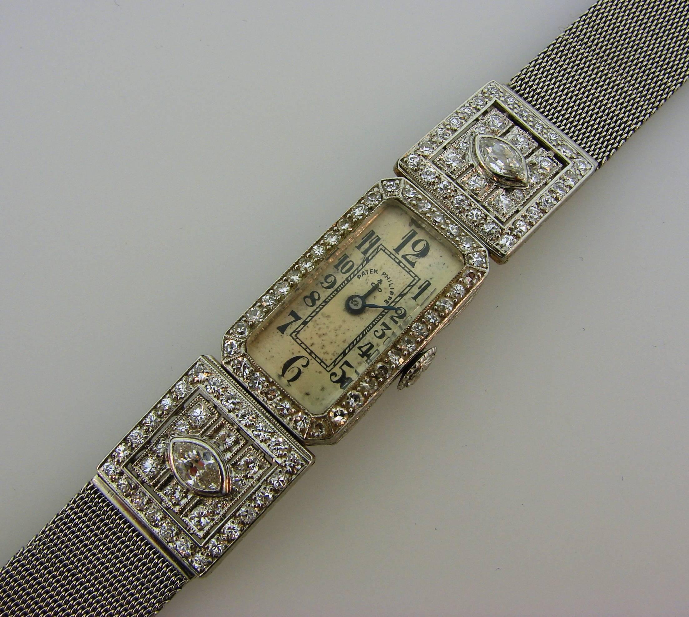 Patek Philippe Ladies Art Deco Platinum Diamond Manual Wind Wristwatch In Good Condition In Beverly Hills, CA
