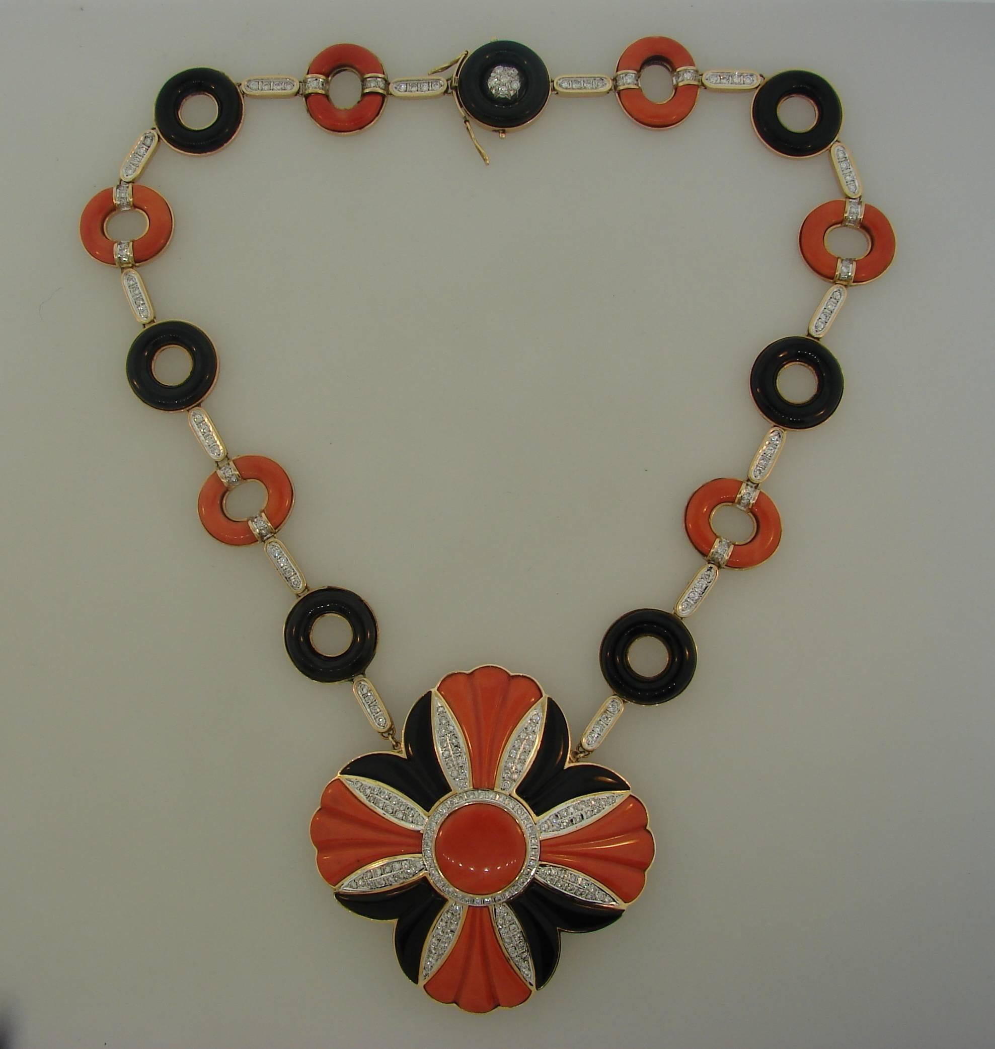 Women's 1970s Mediterranean Coral Black Onyx Diamond Yellow Gold Necklace